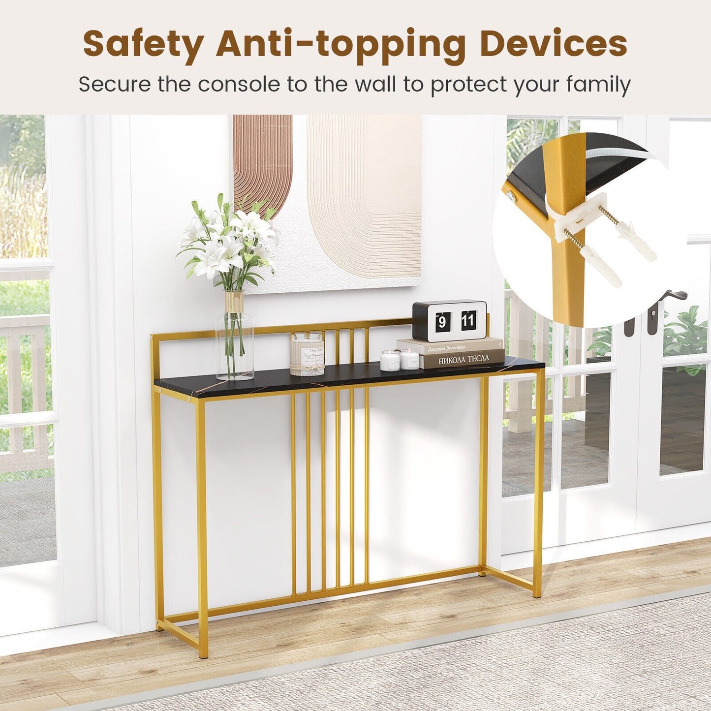 Slim Faux Marble Console Table with Gold Frame and Raised Edge - Black