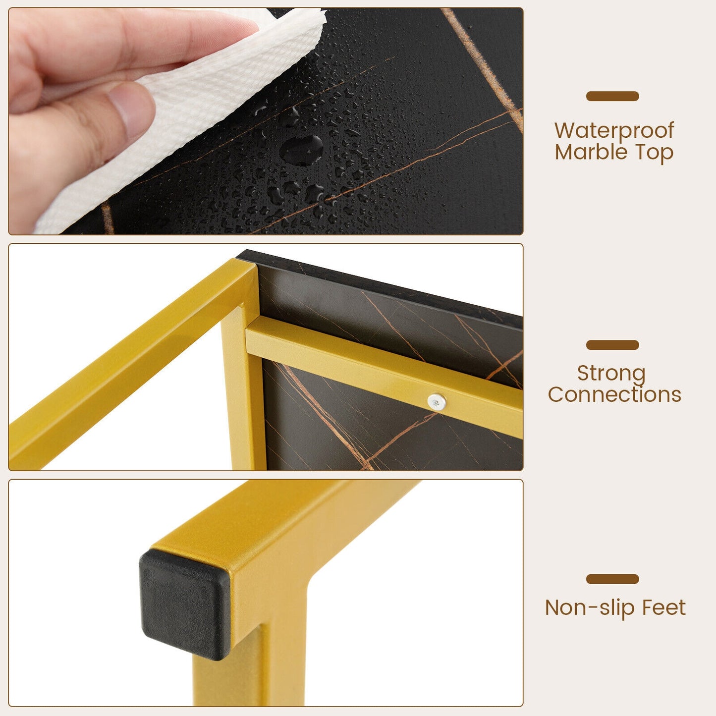 Slim Faux Marble Console Table with Gold Frame and Raised Edge - Black