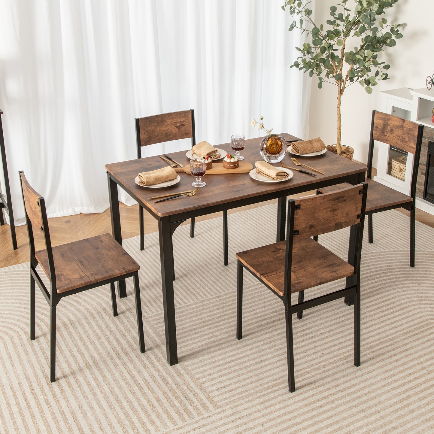 Modern 5 Piece Dining Table Set with Metal Frame and Wood Grain Finish - Rustic Brown