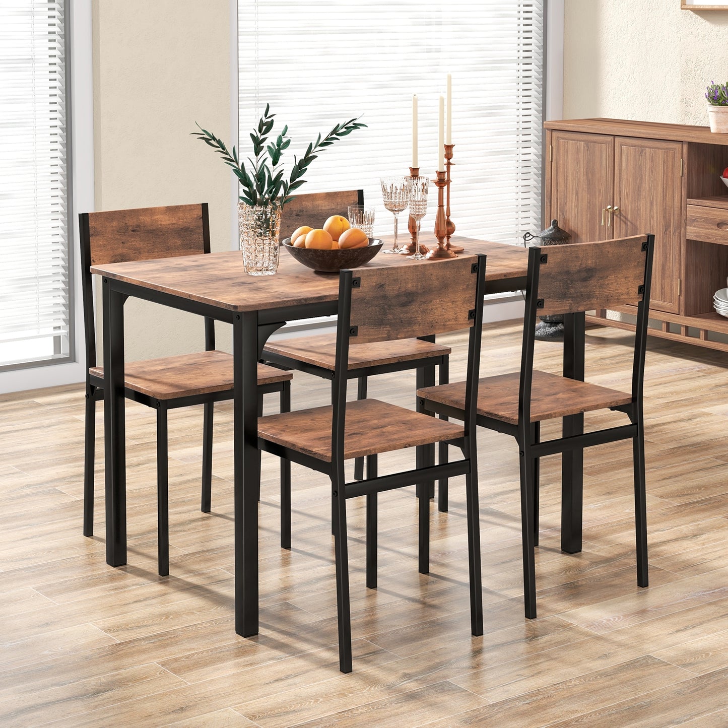 Modern 5 Piece Dining Table Set with Metal Frame and Wood Grain Finish - Rustic Brown