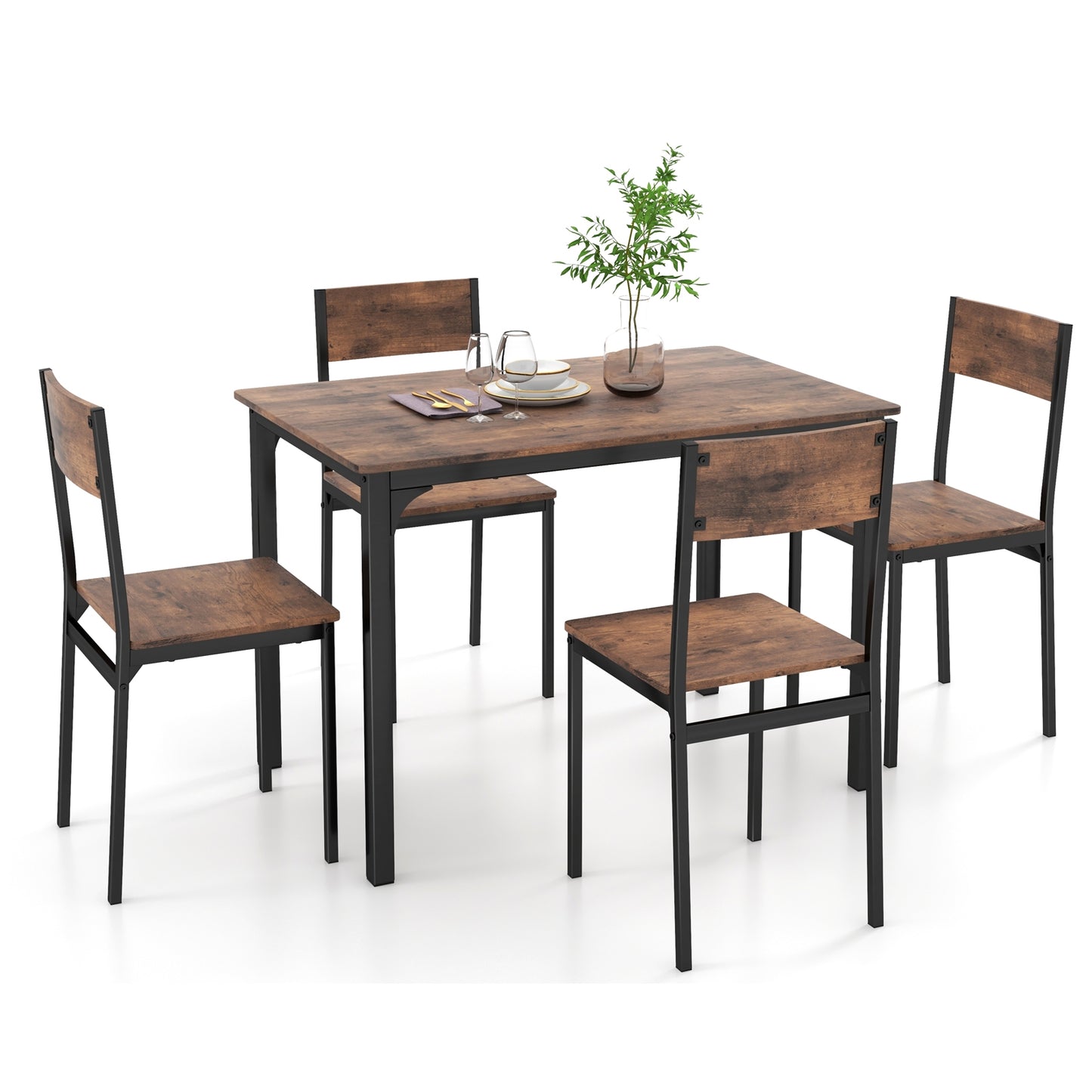 Modern 5 Piece Dining Table Set with Metal Frame and Wood Grain Finish - Rustic Brown