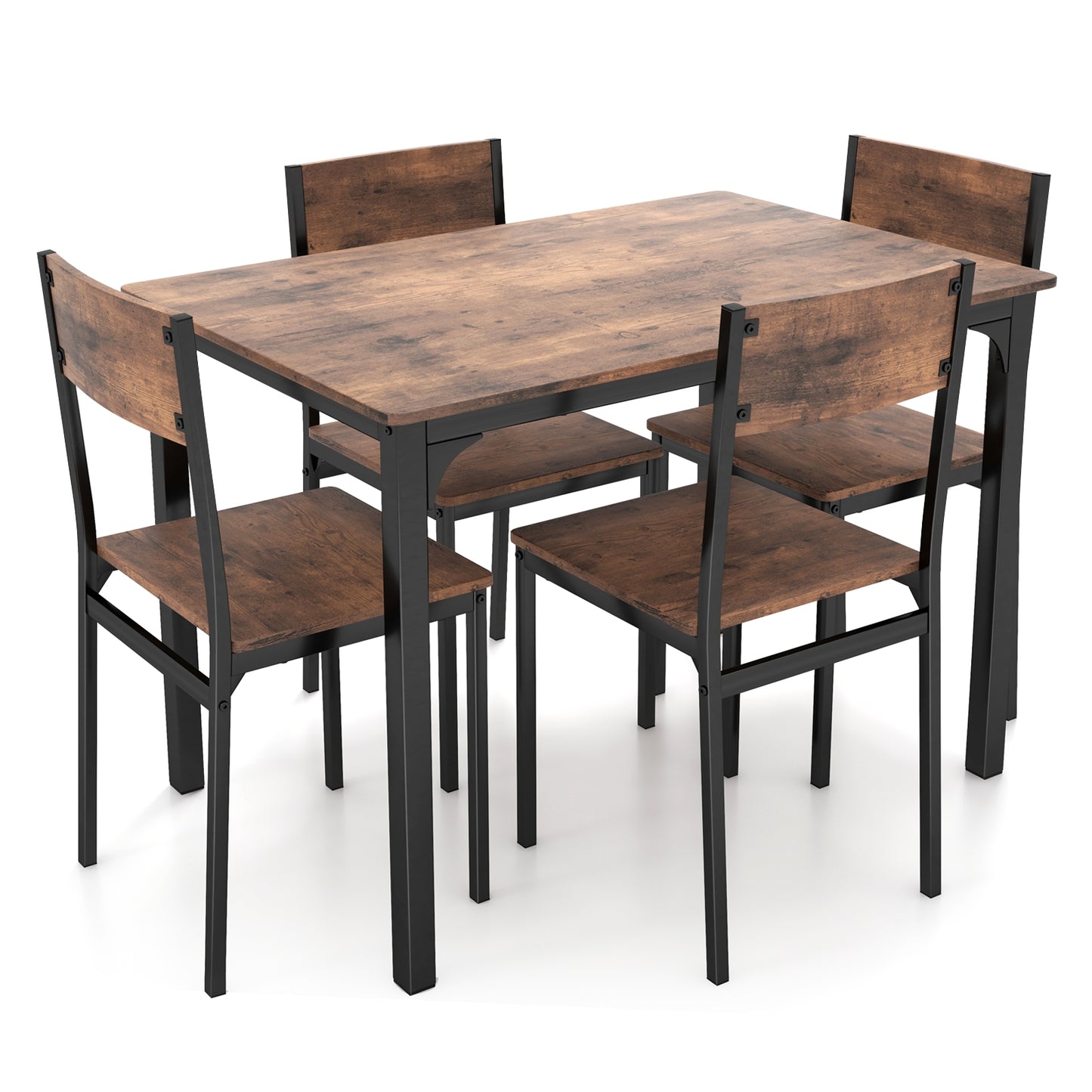 Modern 5 Piece Dining Table Set with Metal Frame and Wood Grain Finish - Rustic Brown