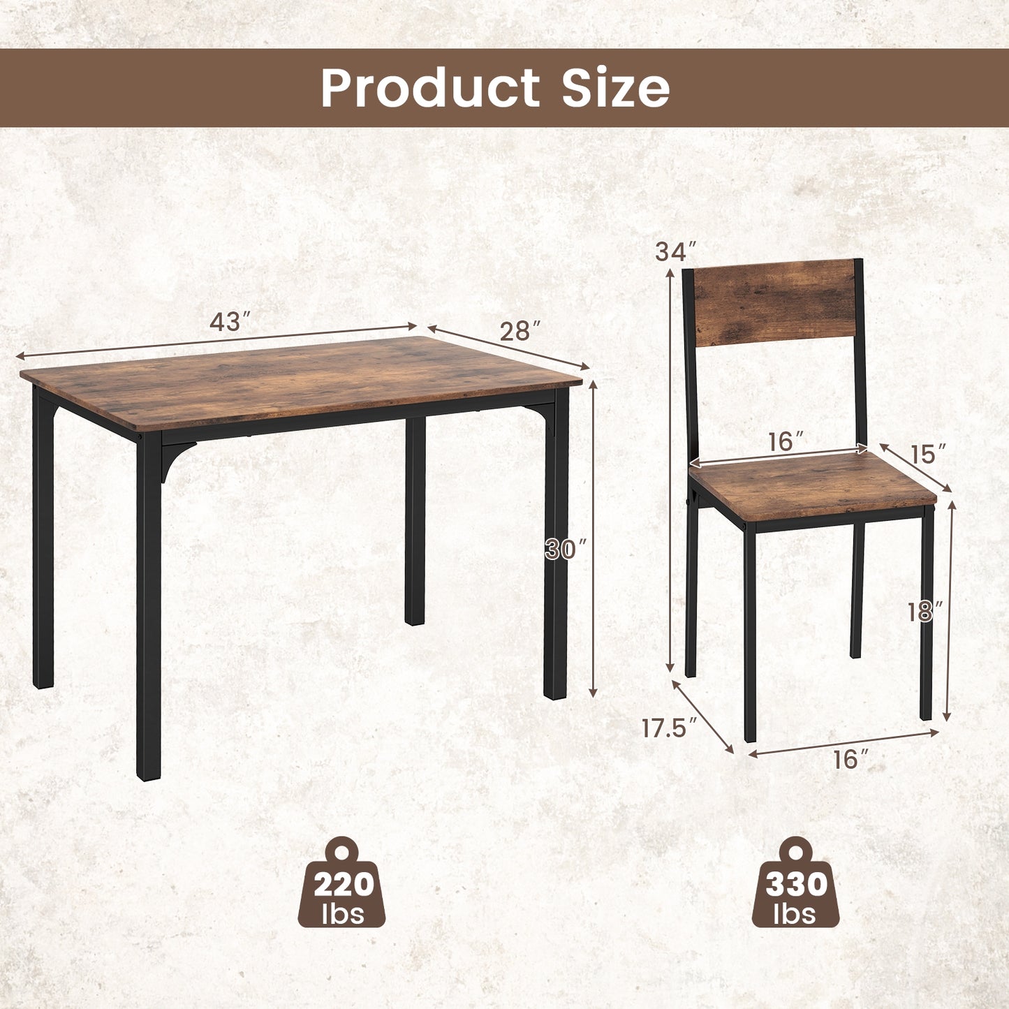 Modern 5 Piece Dining Table Set with Metal Frame and Wood Grain Finish - Rustic Brown