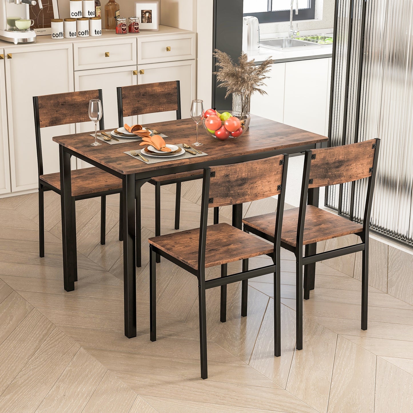 Modern 5 Piece Dining Table Set with Metal Frame and Wood Grain Finish - Rustic Brown