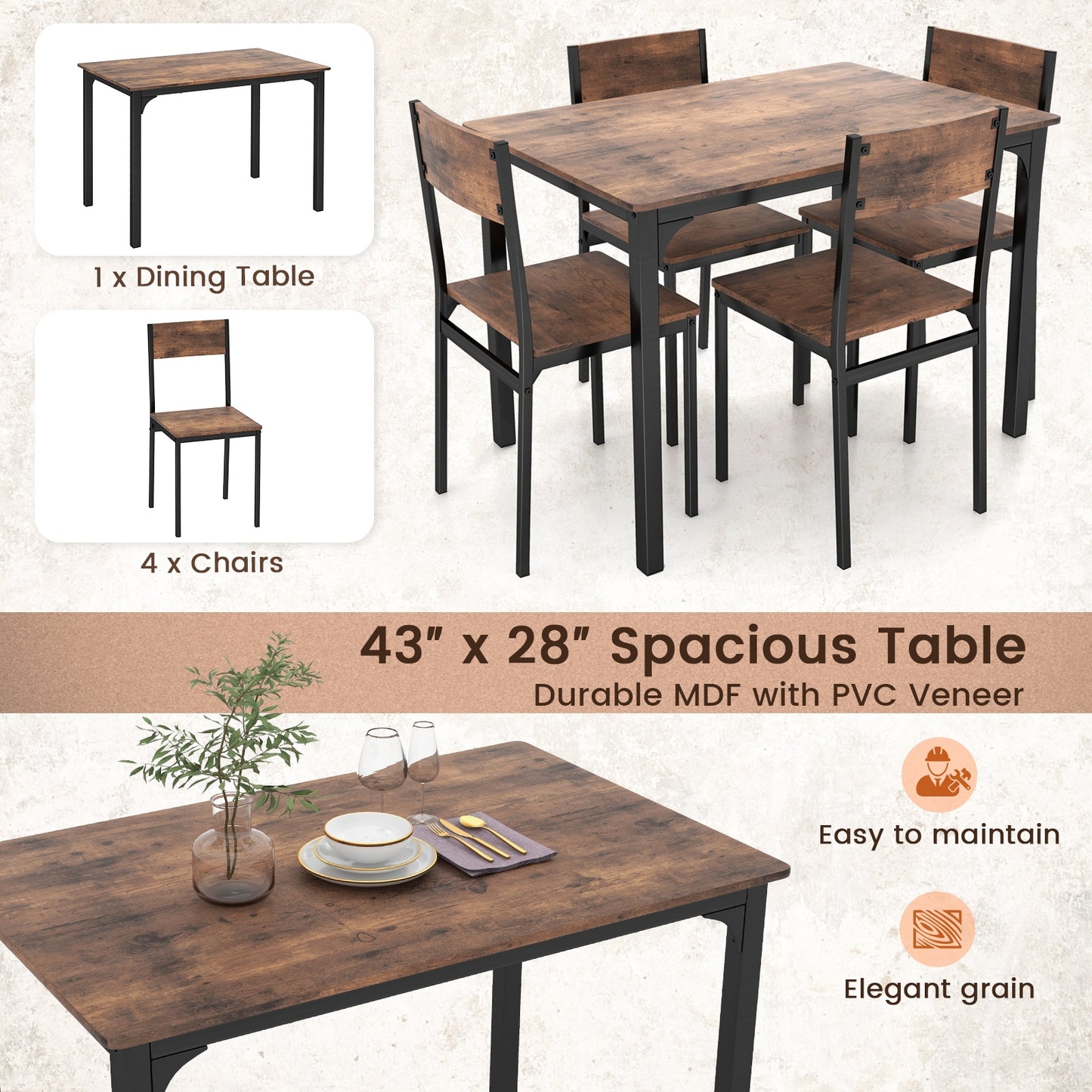 Modern 5 Piece Dining Table Set with Metal Frame and Wood Grain Finish - Rustic Brown