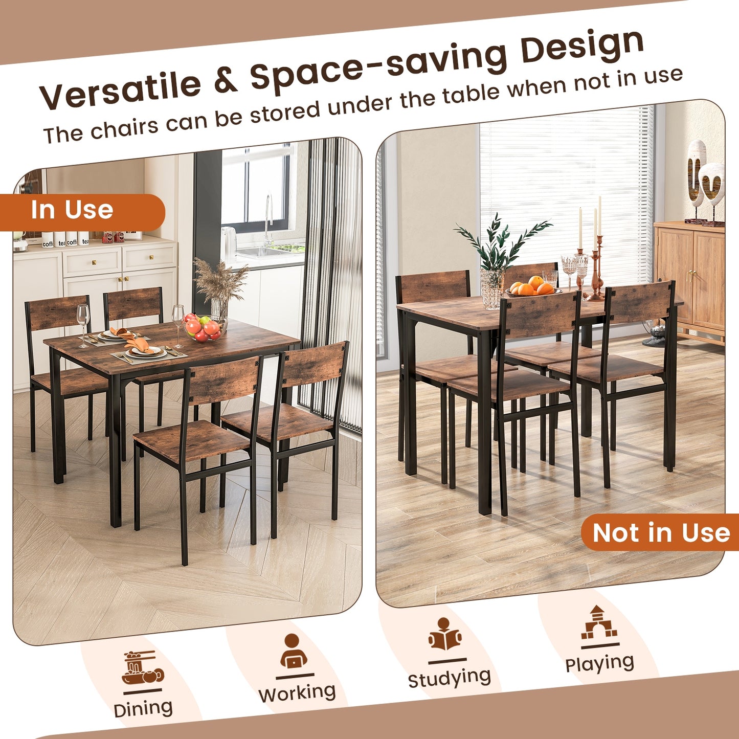 Modern 5 Piece Dining Table Set with Metal Frame and Wood Grain Finish - Rustic Brown