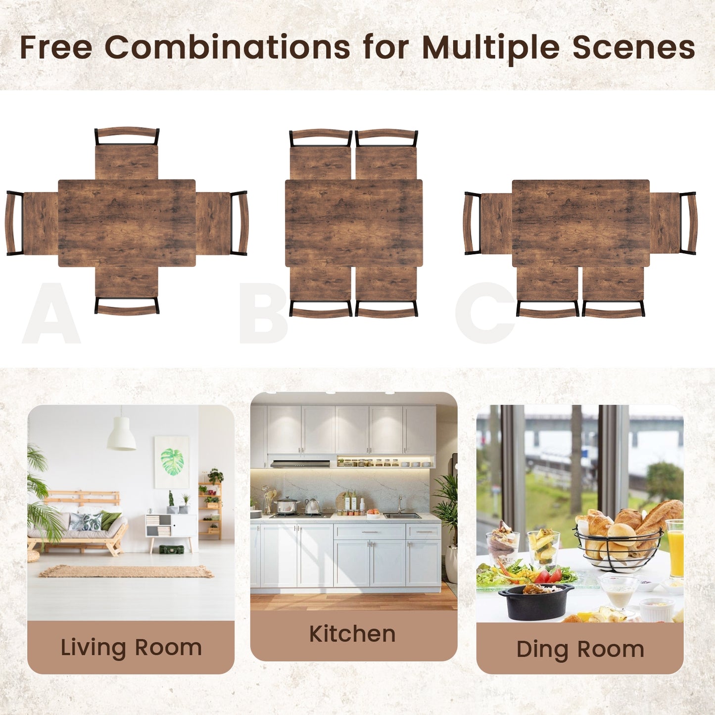 Modern 5 Piece Dining Table Set with Metal Frame and Wood Grain Finish - Rustic Brown