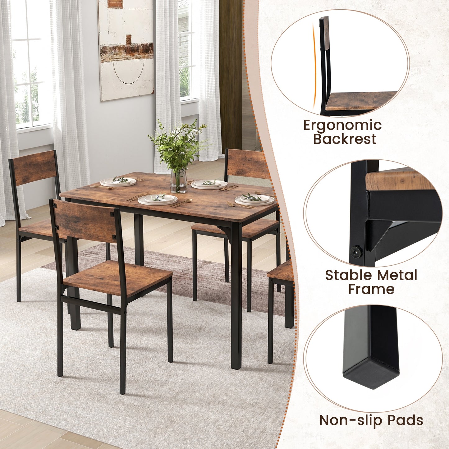Modern 5 Piece Dining Table Set with Metal Frame and Wood Grain Finish - Rustic Brown