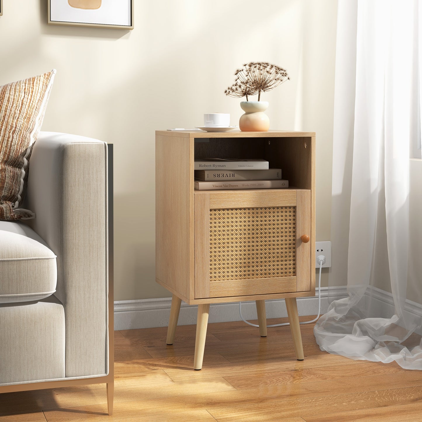 Rattan Nightstand with Charging Station and USB Ports with PE Rattan Cabinet Door