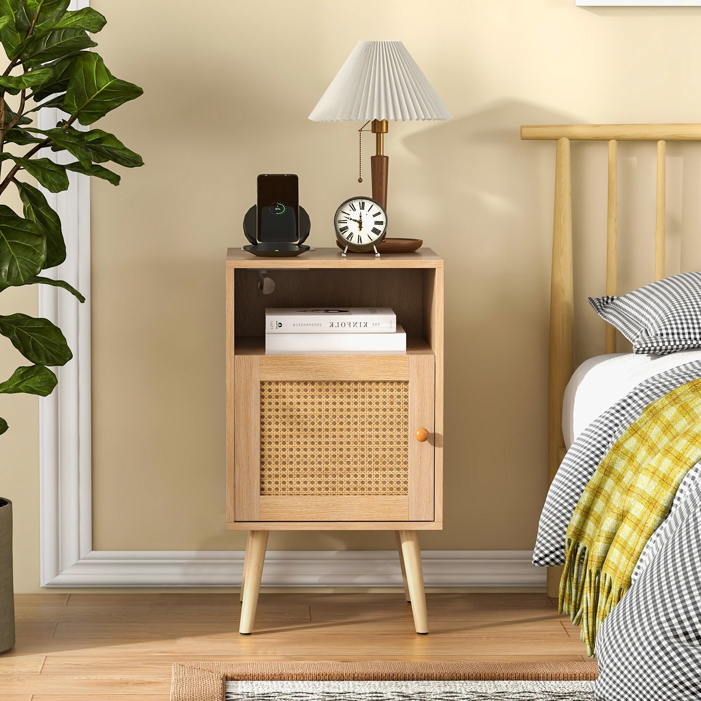 Rattan Nightstand with Charging Station and USB Ports with PE Rattan Cabinet Door