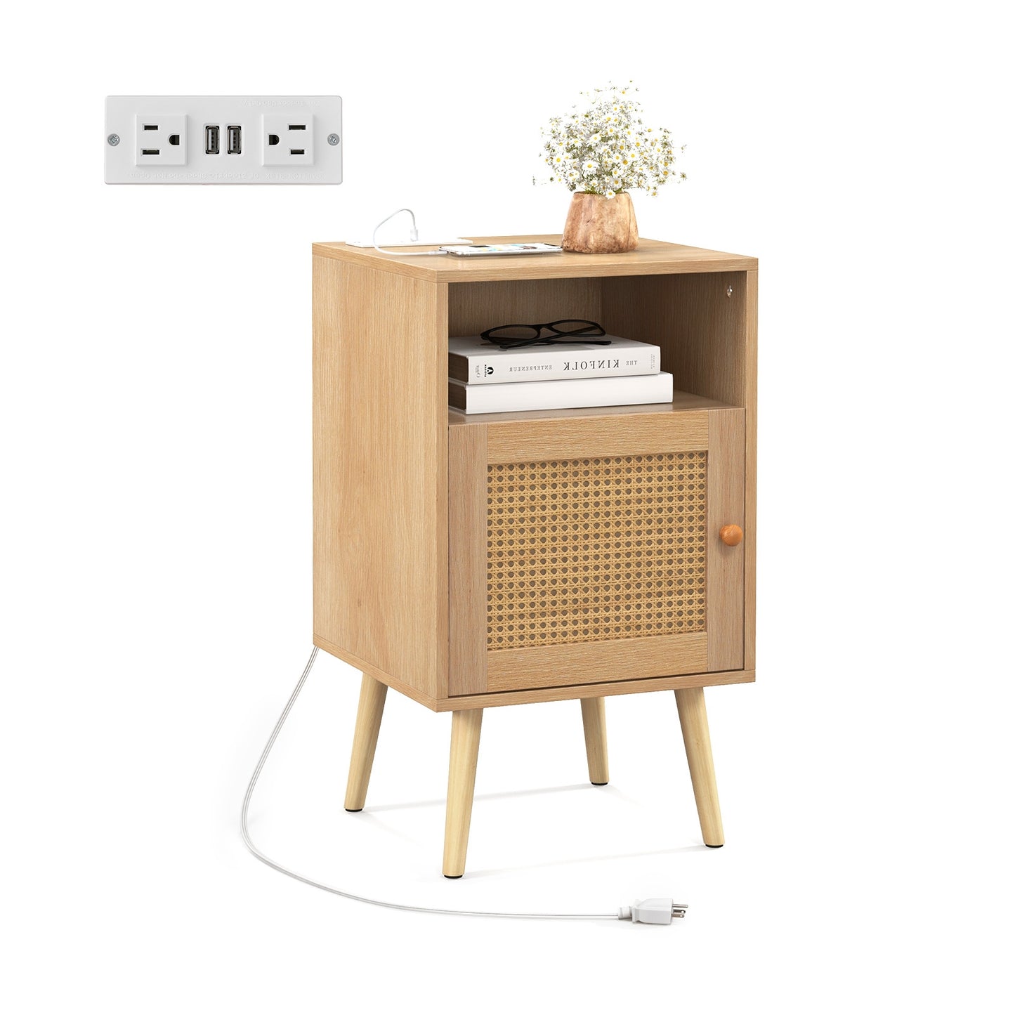 Rattan Nightstand with Charging Station and USB Ports with PE Rattan Cabinet Door