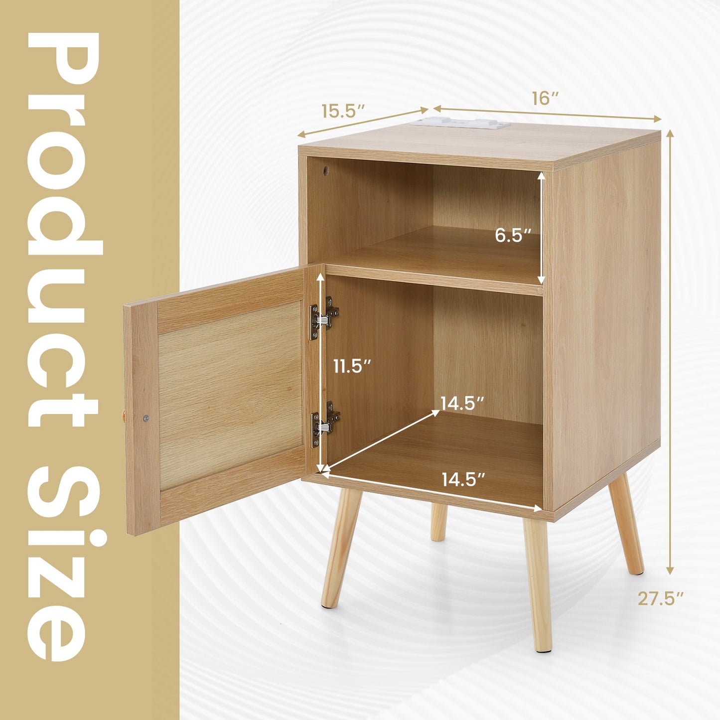 Rattan Nightstand with Charging Station and USB Ports with PE Rattan Cabinet Door