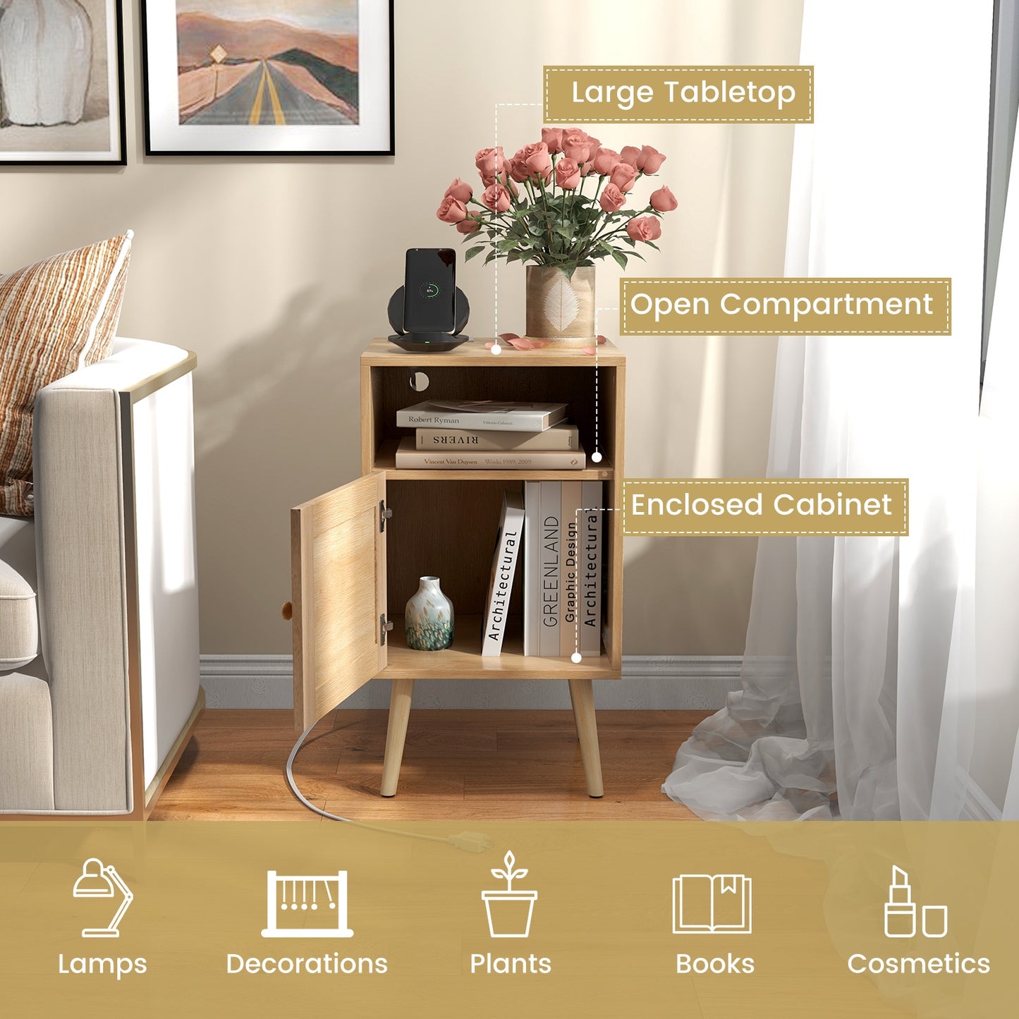 Rattan Nightstand with Charging Station and USB Ports with PE Rattan Cabinet Door