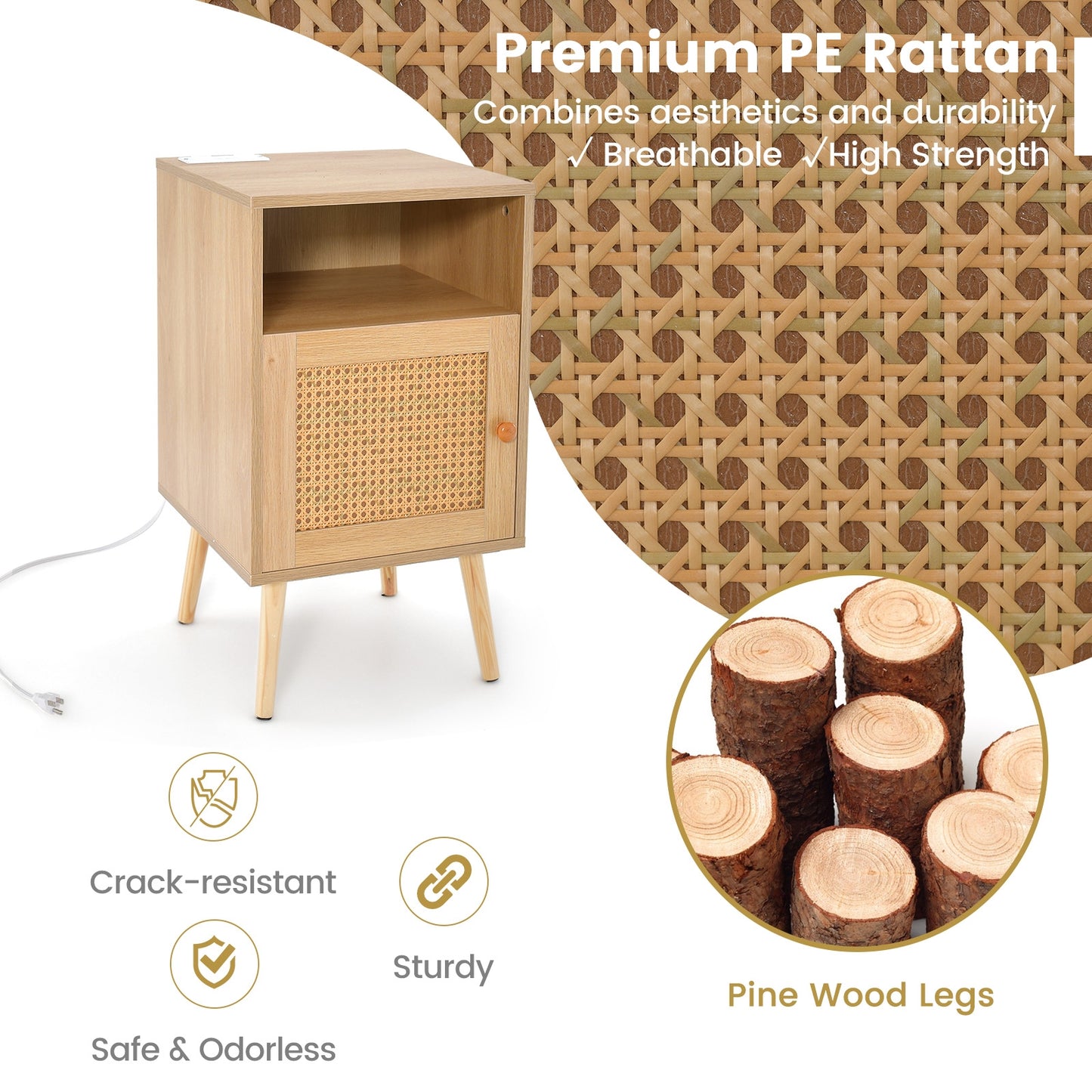 Rattan Nightstand with Charging Station and USB Ports with PE Rattan Cabinet Door