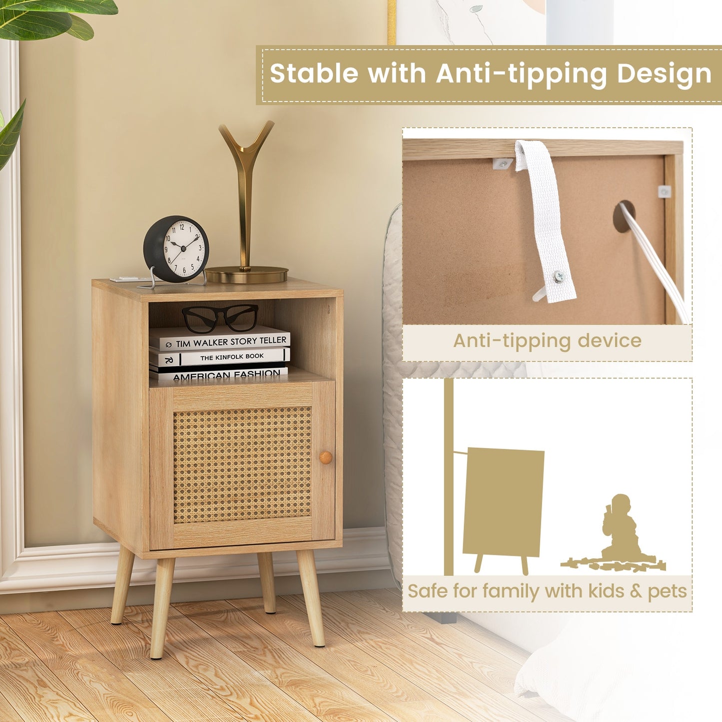 Rattan Nightstand with Charging Station and USB Ports with PE Rattan Cabinet Door