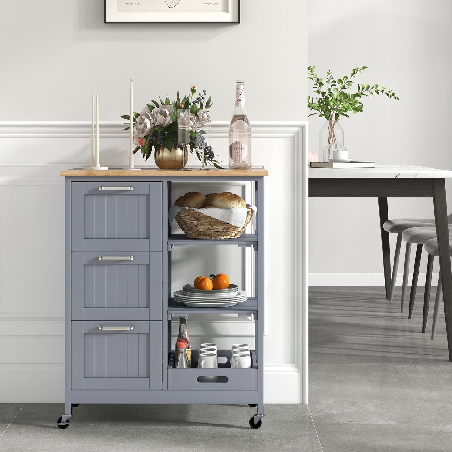 Rolling Kitchen Island Cart with 3 Drawers and Utility Storage Shelves - Grey