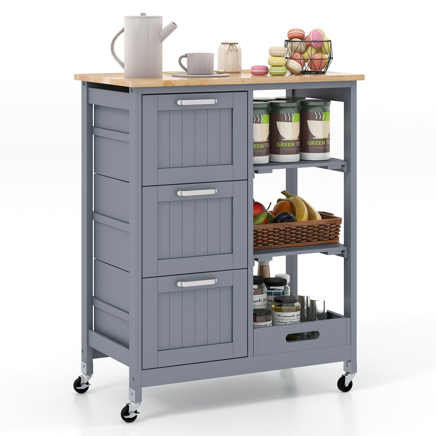 Rolling Kitchen Island Cart with 3 Drawers and Utility Storage Shelves - Grey