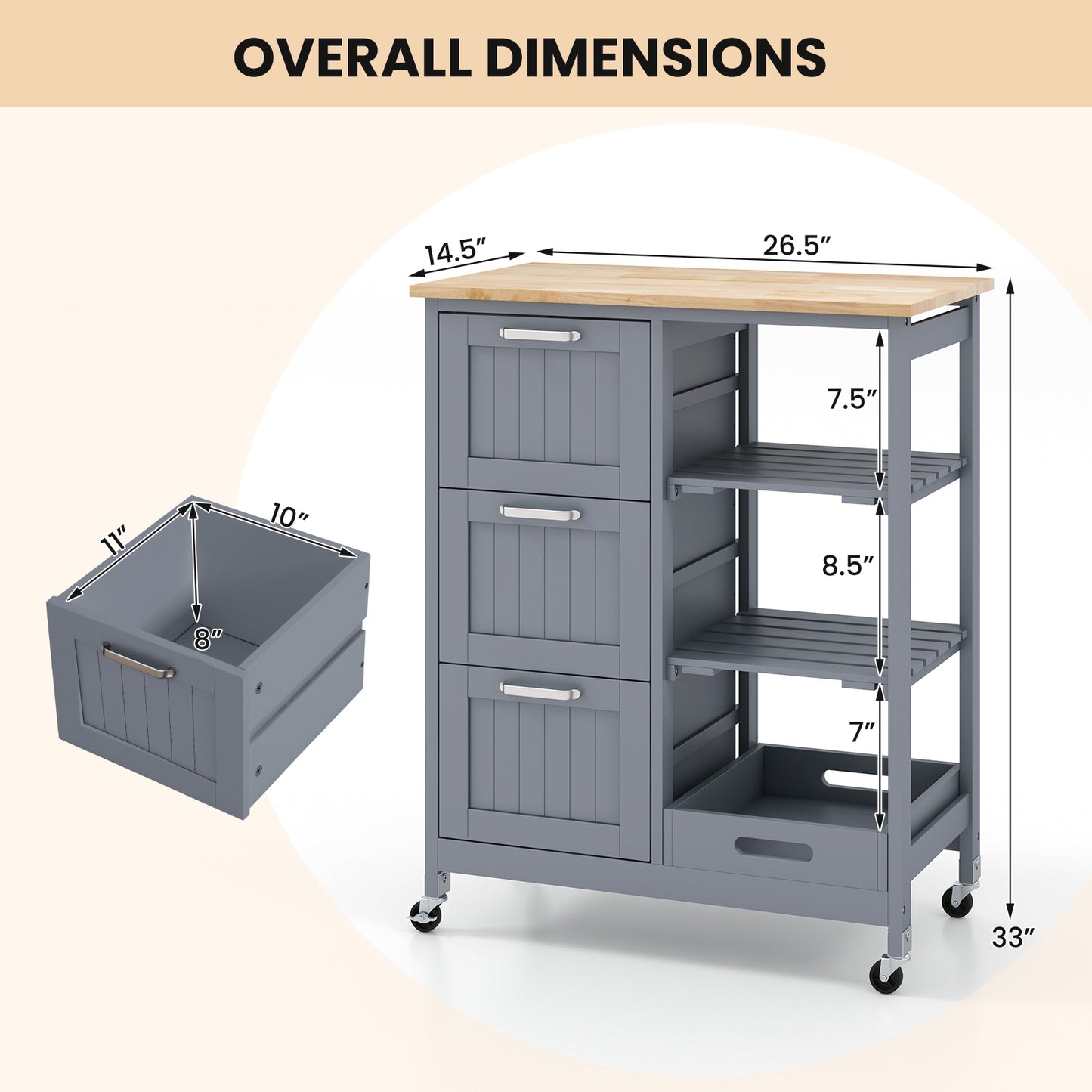 Rolling Kitchen Island Cart with 3 Drawers and Utility Storage Shelves - Grey