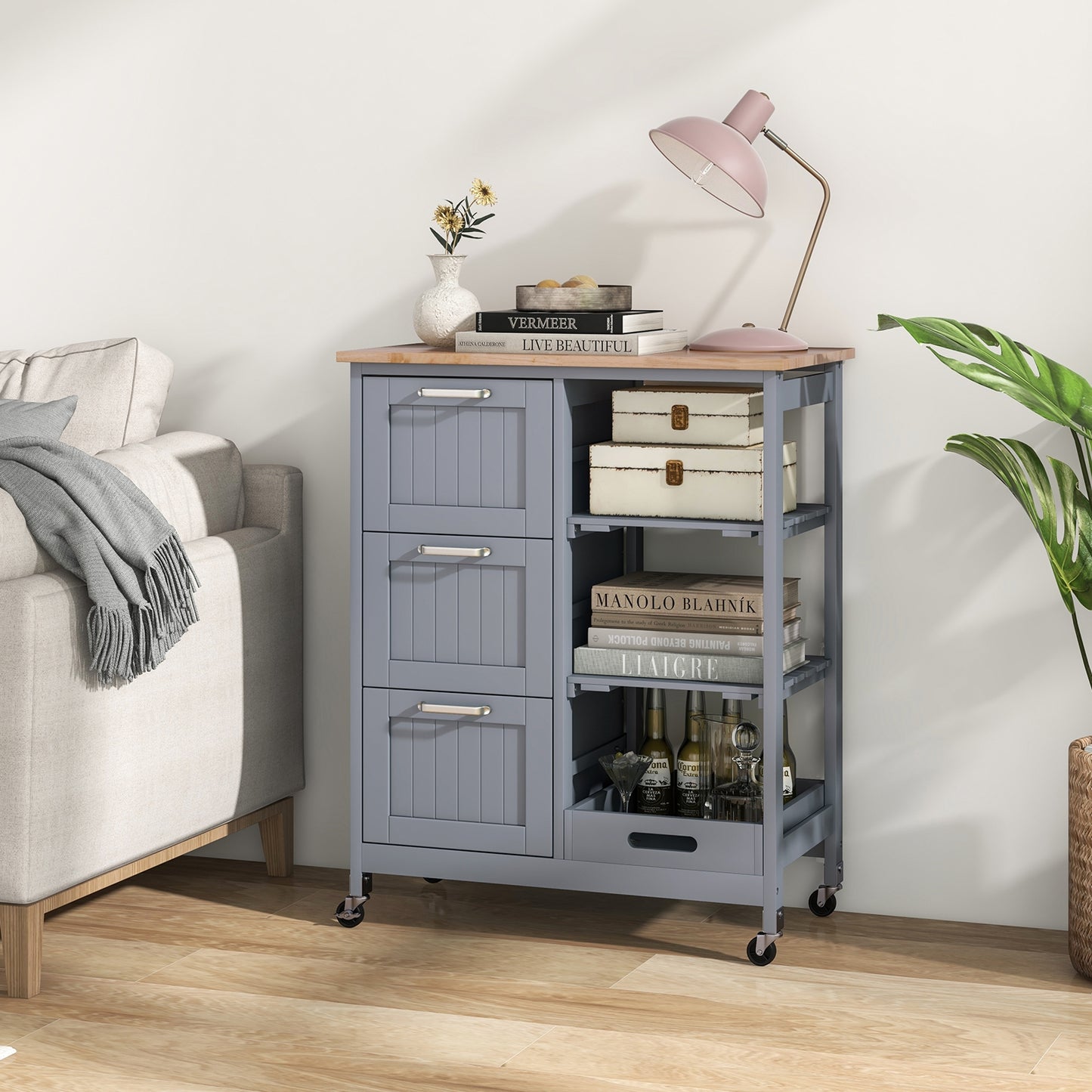 Rolling Kitchen Island Cart with 3 Drawers and Utility Storage Shelves - Grey