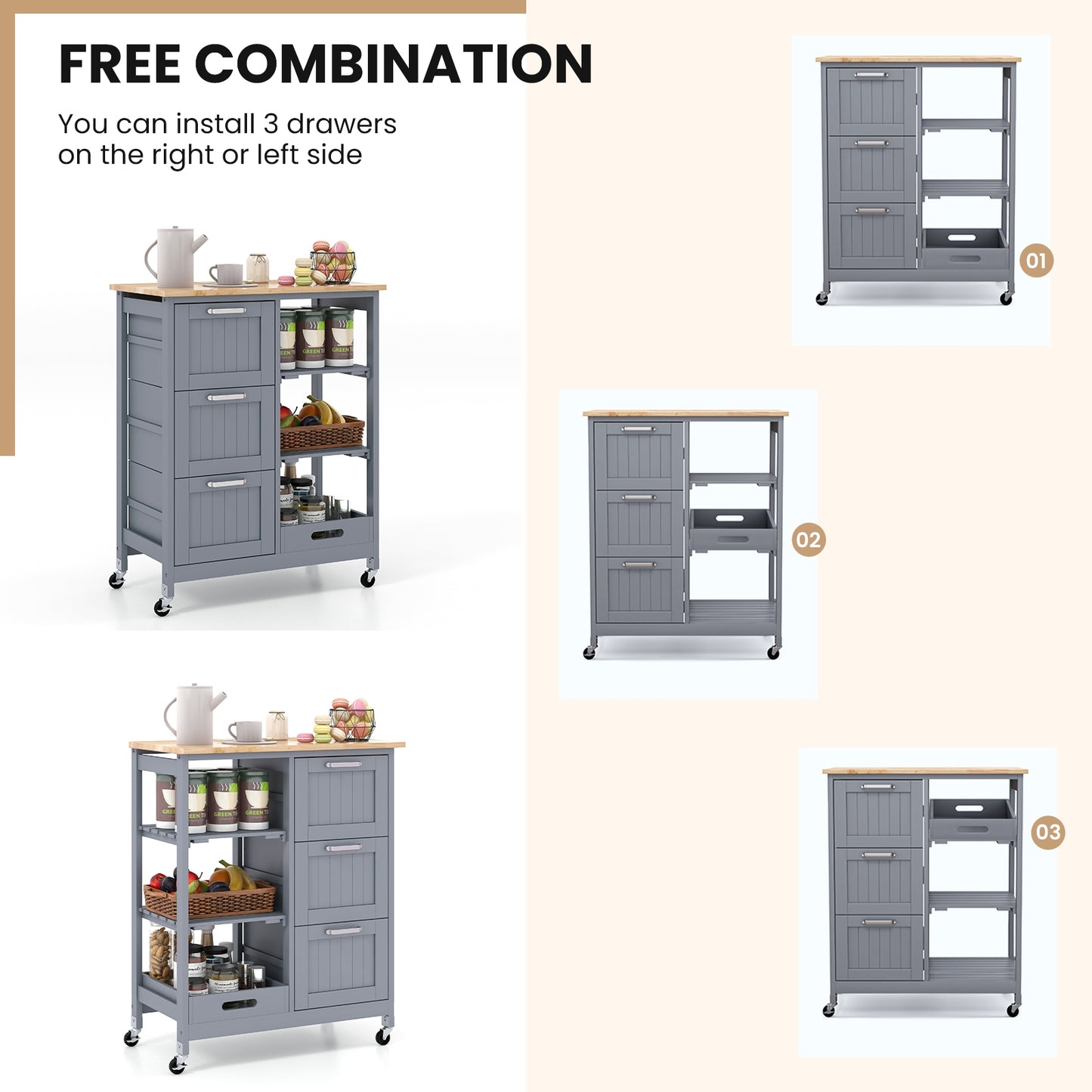 Rolling Kitchen Island Cart with 3 Drawers and Utility Storage Shelves - Grey