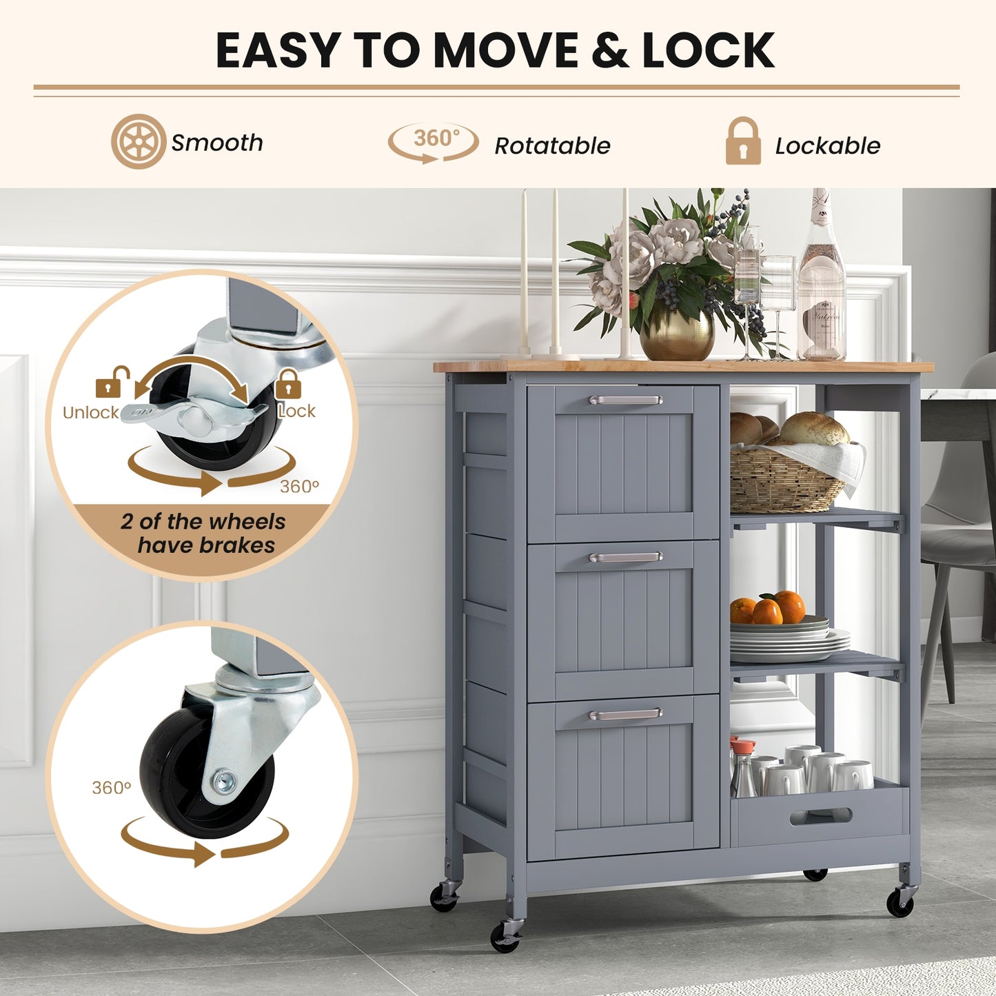Rolling Kitchen Island Cart with 3 Drawers and Utility Storage Shelves - Grey