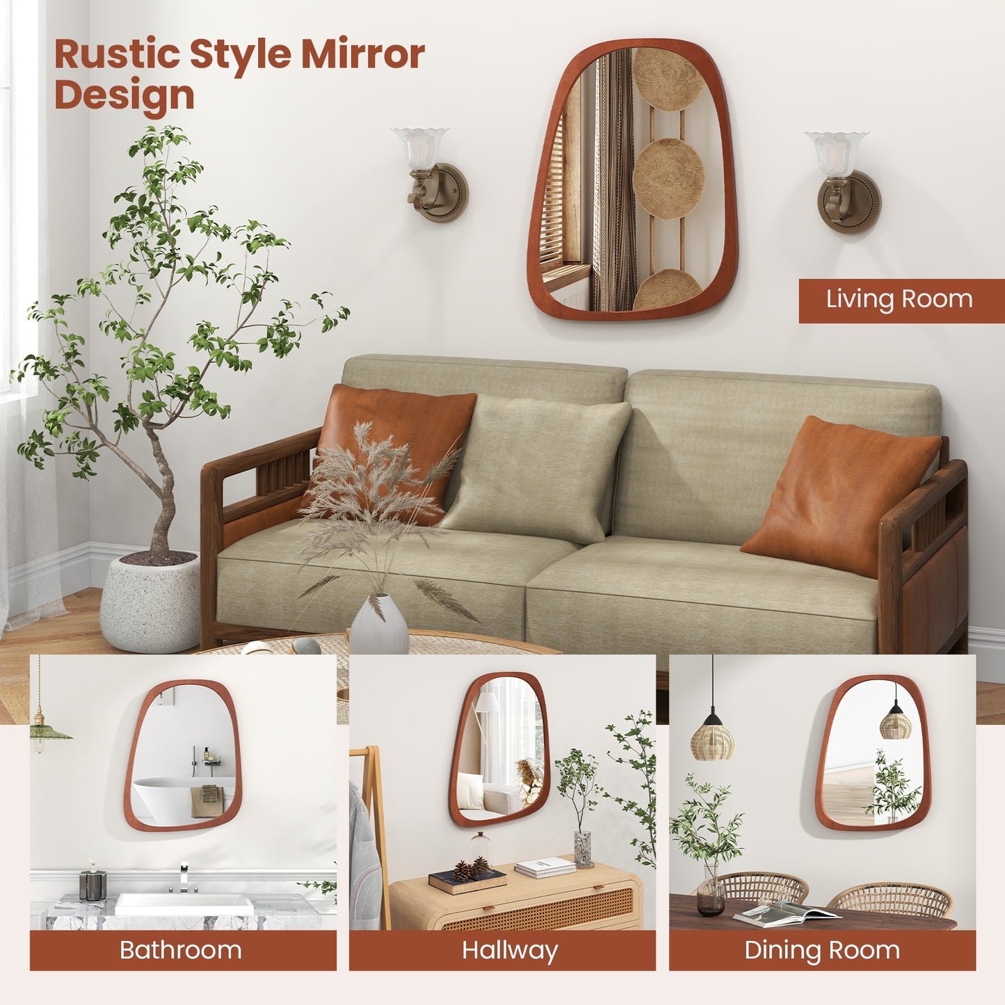 Rustic Asymmetrical Abstract Wall Mirror with Unique Irregular Frame