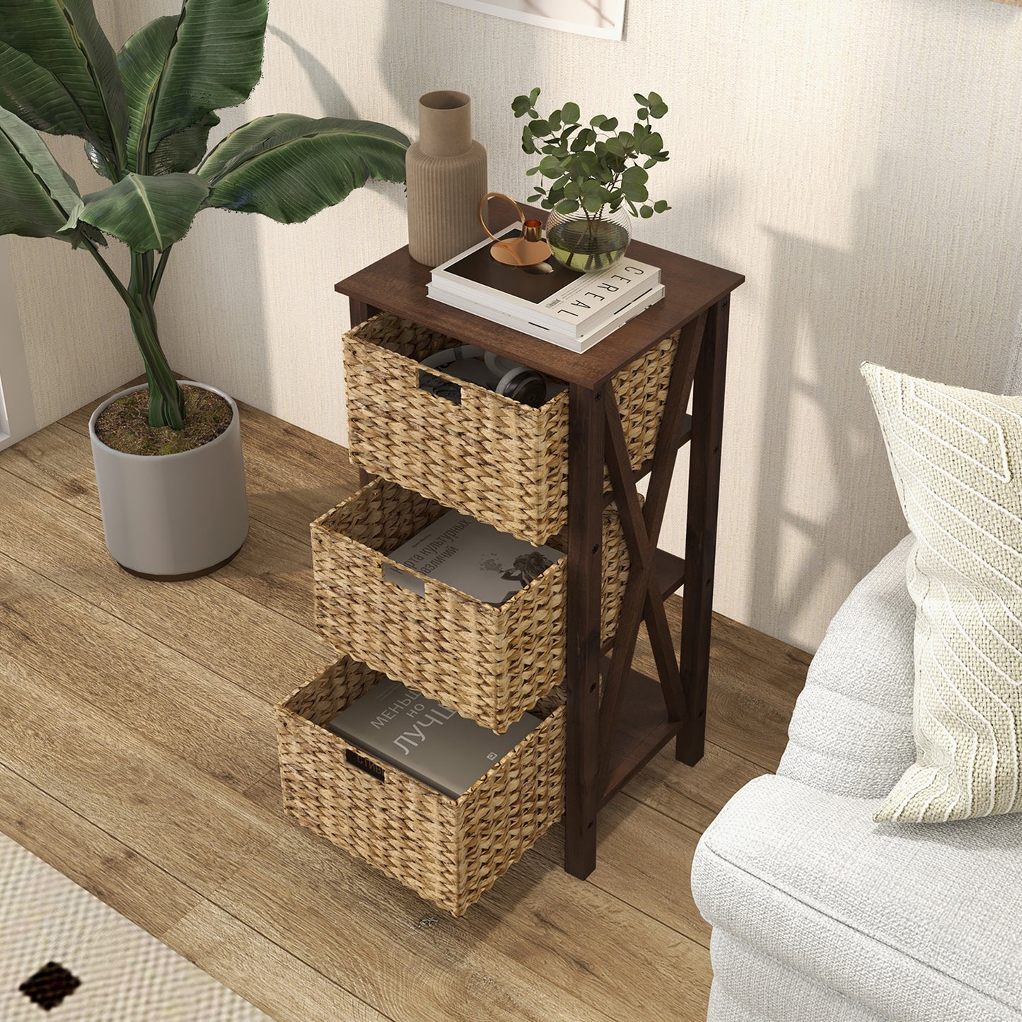 3 Tier Nightstand with Seagrass Baskets and X Design Frame