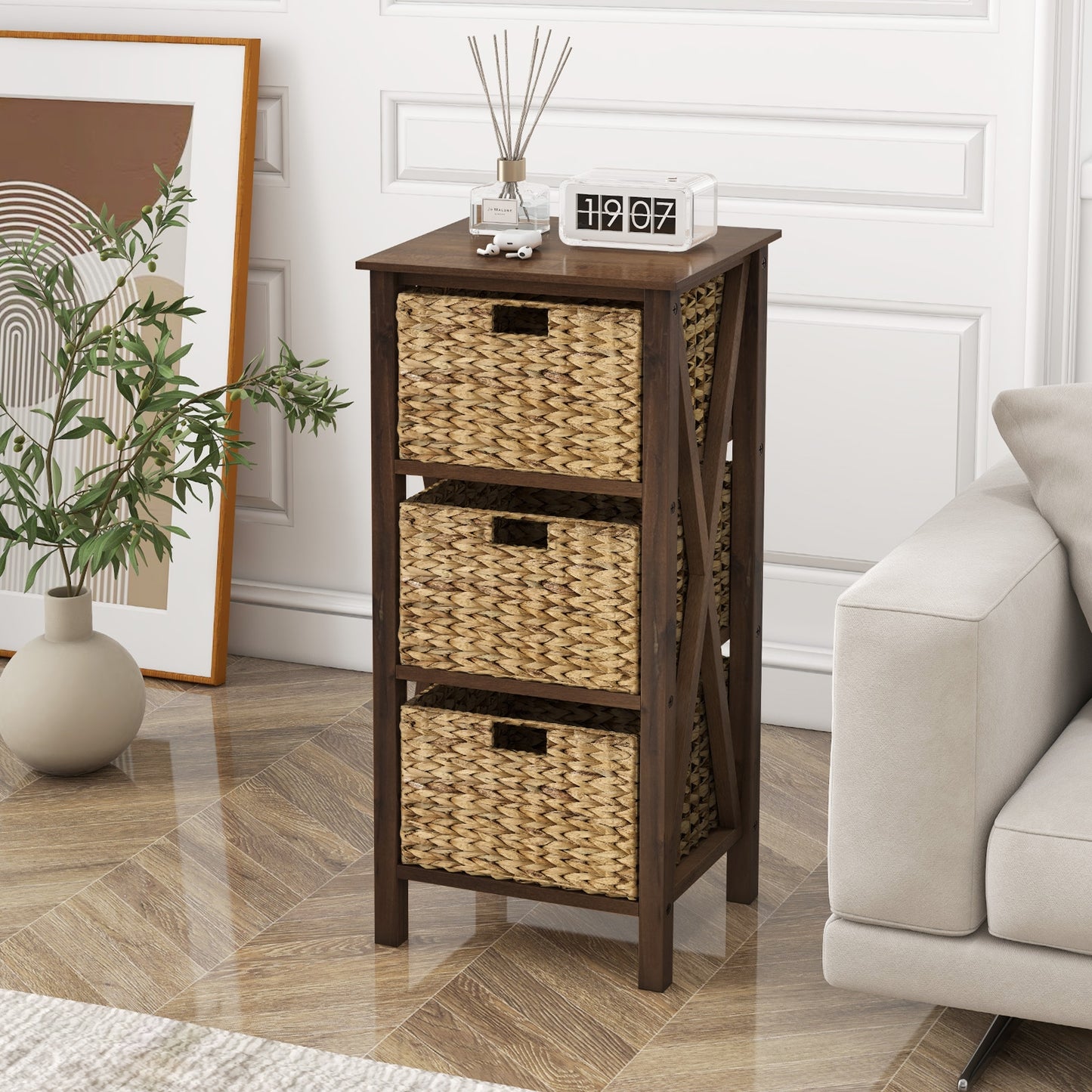 3 Tier Nightstand with Seagrass Baskets and X Design Frame