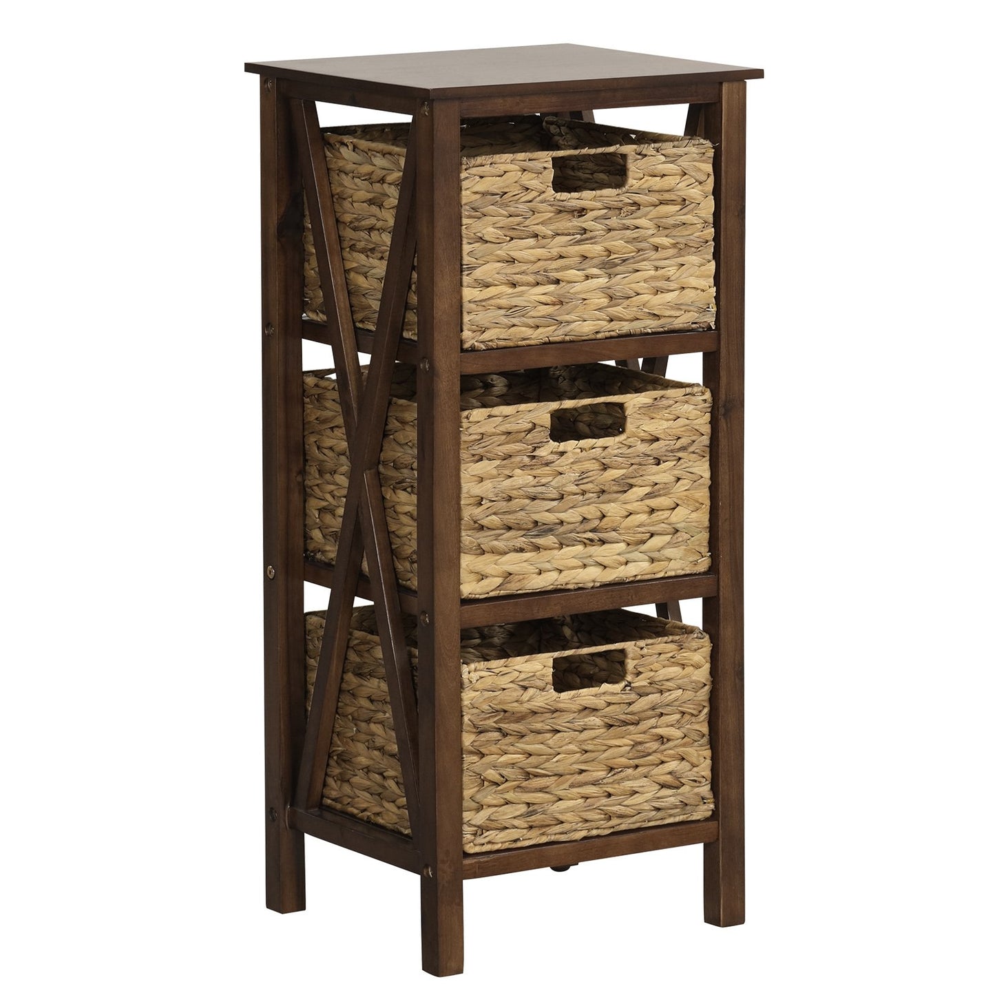 3 Tier Nightstand with Seagrass Baskets and X Design Frame