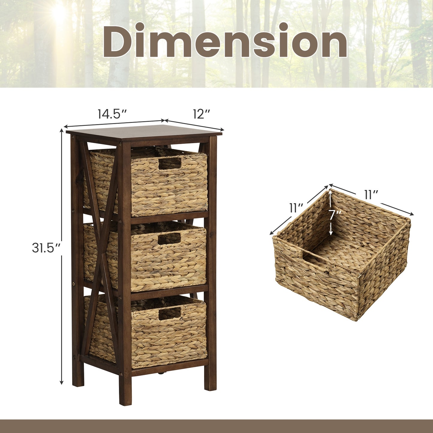 3 Tier Nightstand with Seagrass Baskets and X Design Frame
