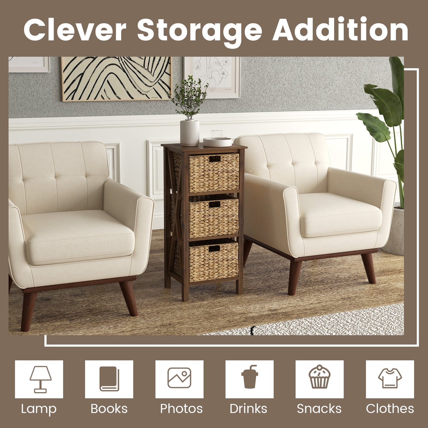 3 Tier Nightstand with Seagrass Baskets and X Design Frame