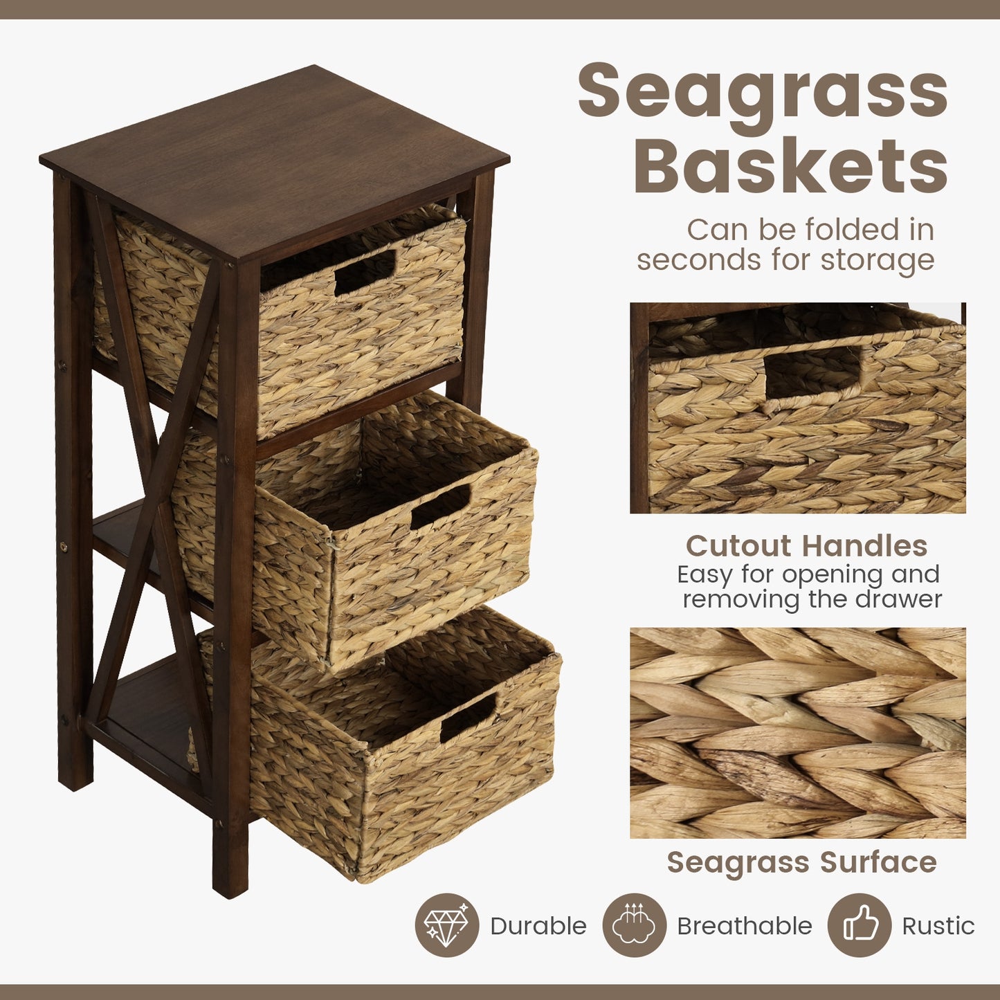 3 Tier Nightstand with Seagrass Baskets and X Design Frame