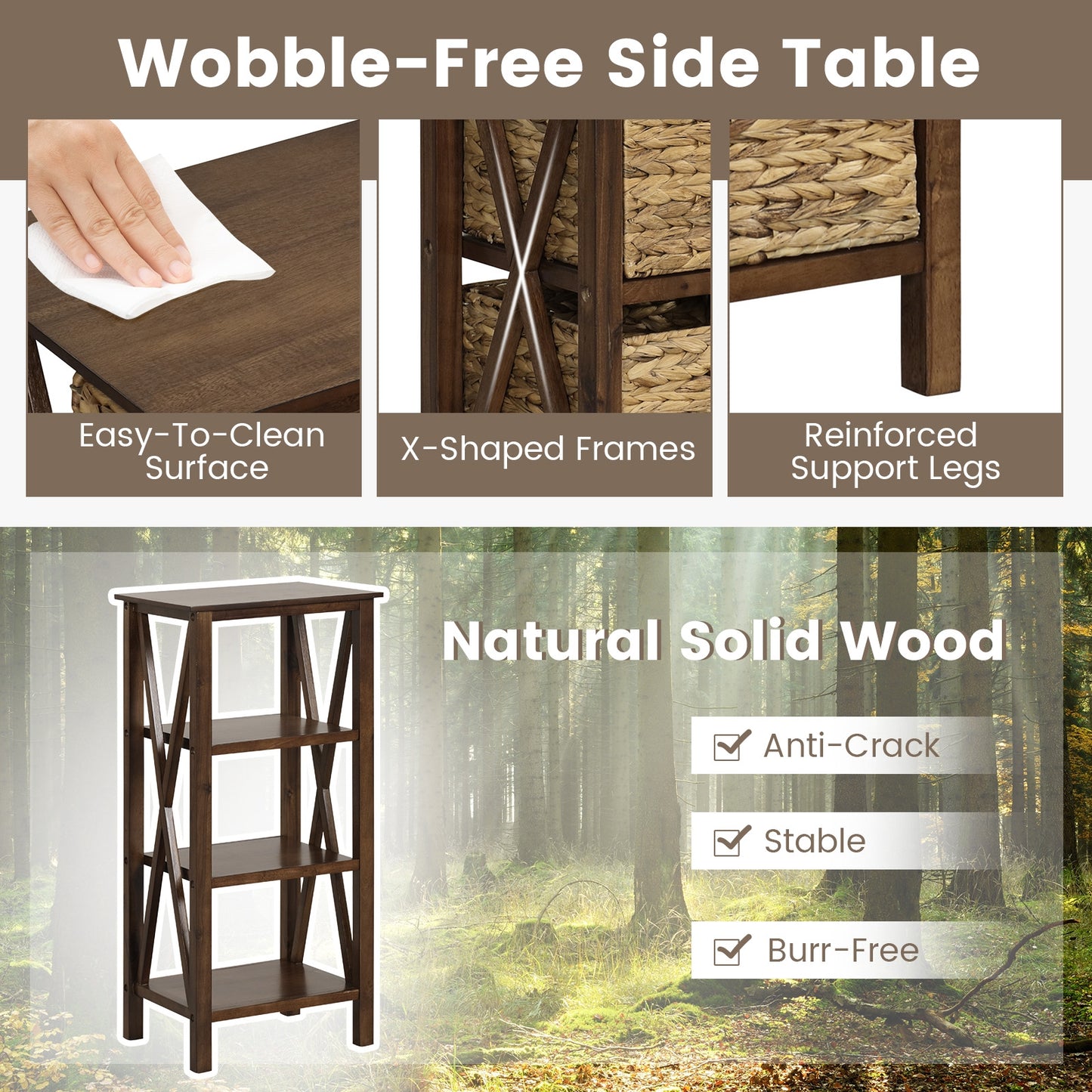 3 Tier Nightstand with Seagrass Baskets and X Design Frame