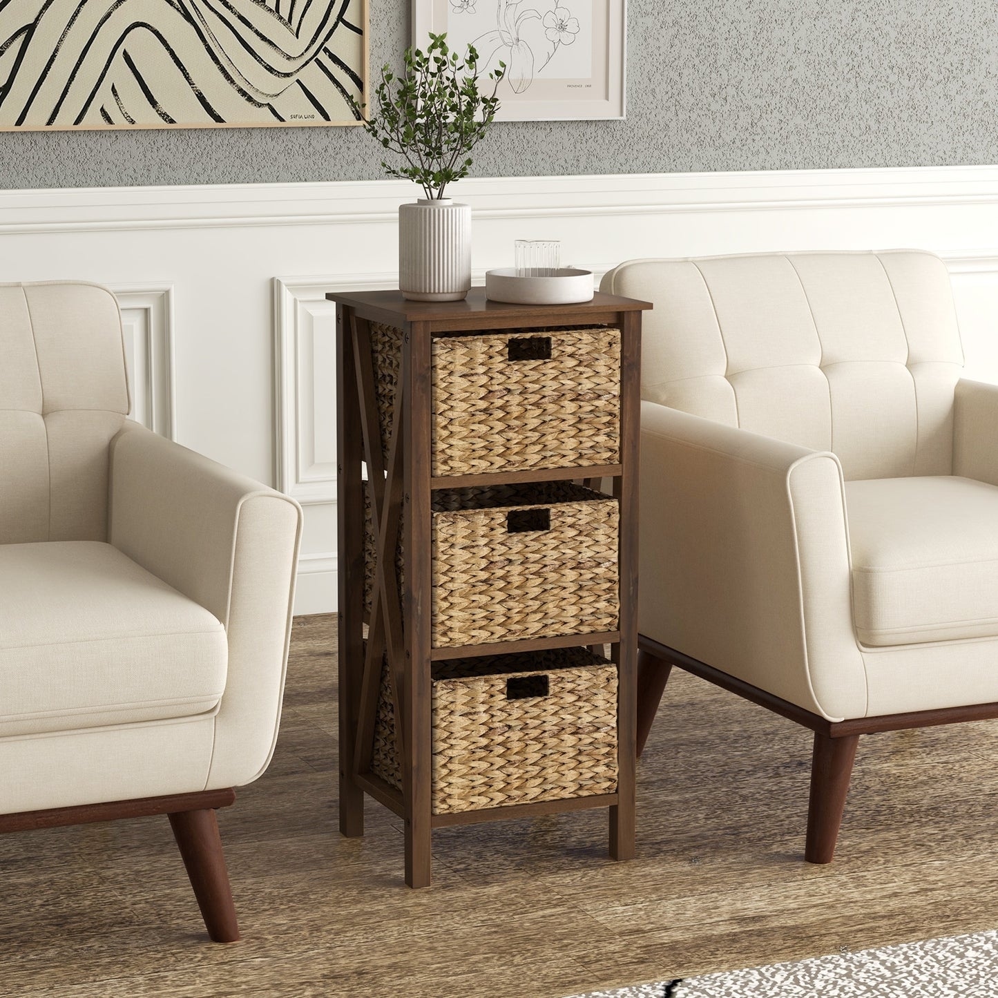 3 Tier Nightstand with Seagrass Baskets and X Design Frame