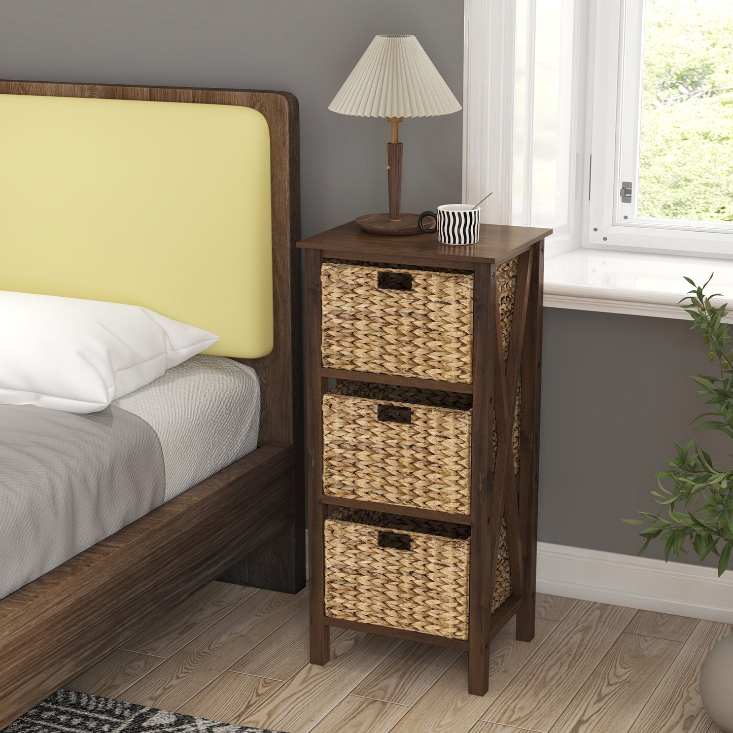 3 Tier Nightstand with Seagrass Baskets and X Design Frame