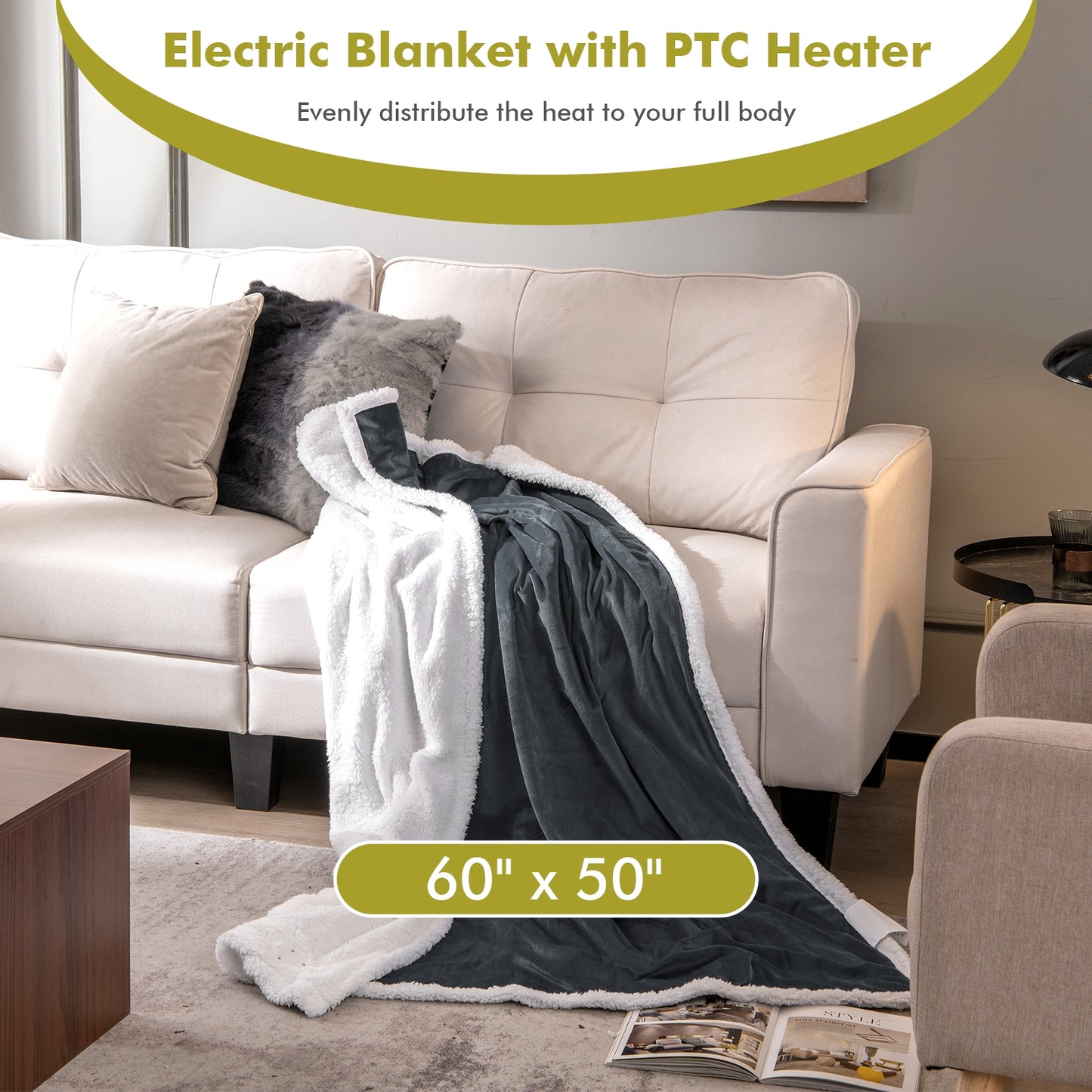 Electric Heated Blanket Throw with 10 Heat Settings and Auto Shut-Off – Grey