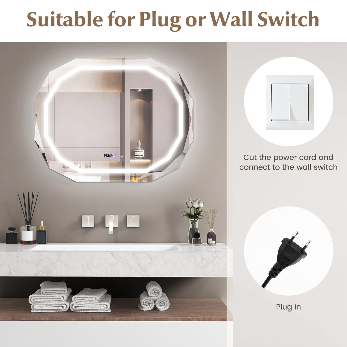 Smart Anti-Fog Bathroom Mirror with 3 LED Light Modes and Memory Function