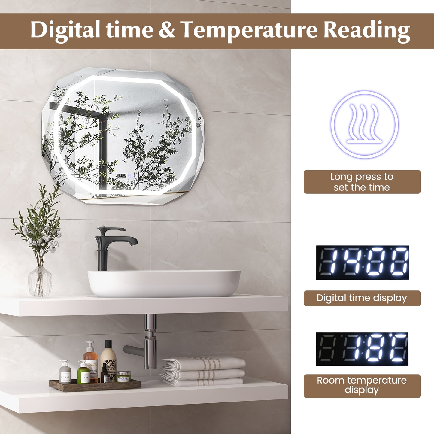 Smart Anti-Fog Bathroom Mirror with 3 LED Light Modes and Memory Function