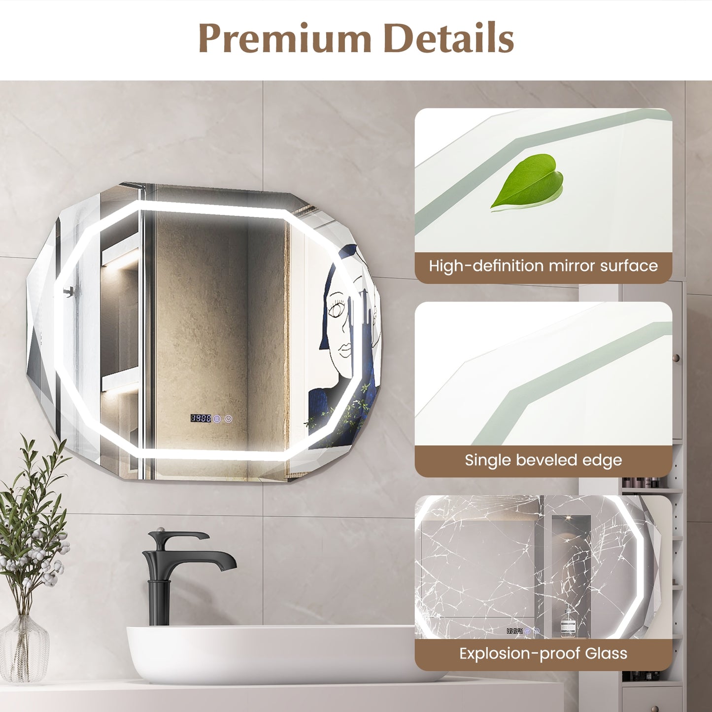 Smart Anti-Fog Bathroom Mirror with 3 LED Light Modes and Memory Function