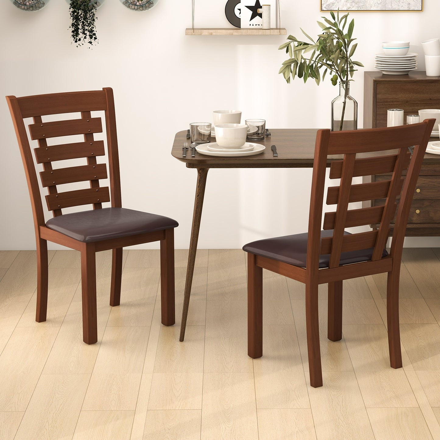 Upholstered Wooden Dining Chairs with Sturdy Rubber Wood Frame - Set of 2