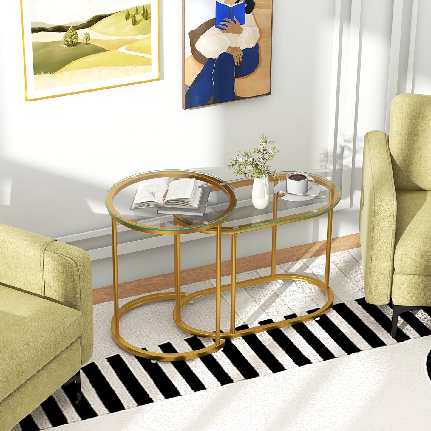 Stylish Nesting Coffee Table Set of 2 with Clear Tempered Glass Tops and Gold Metal Frames