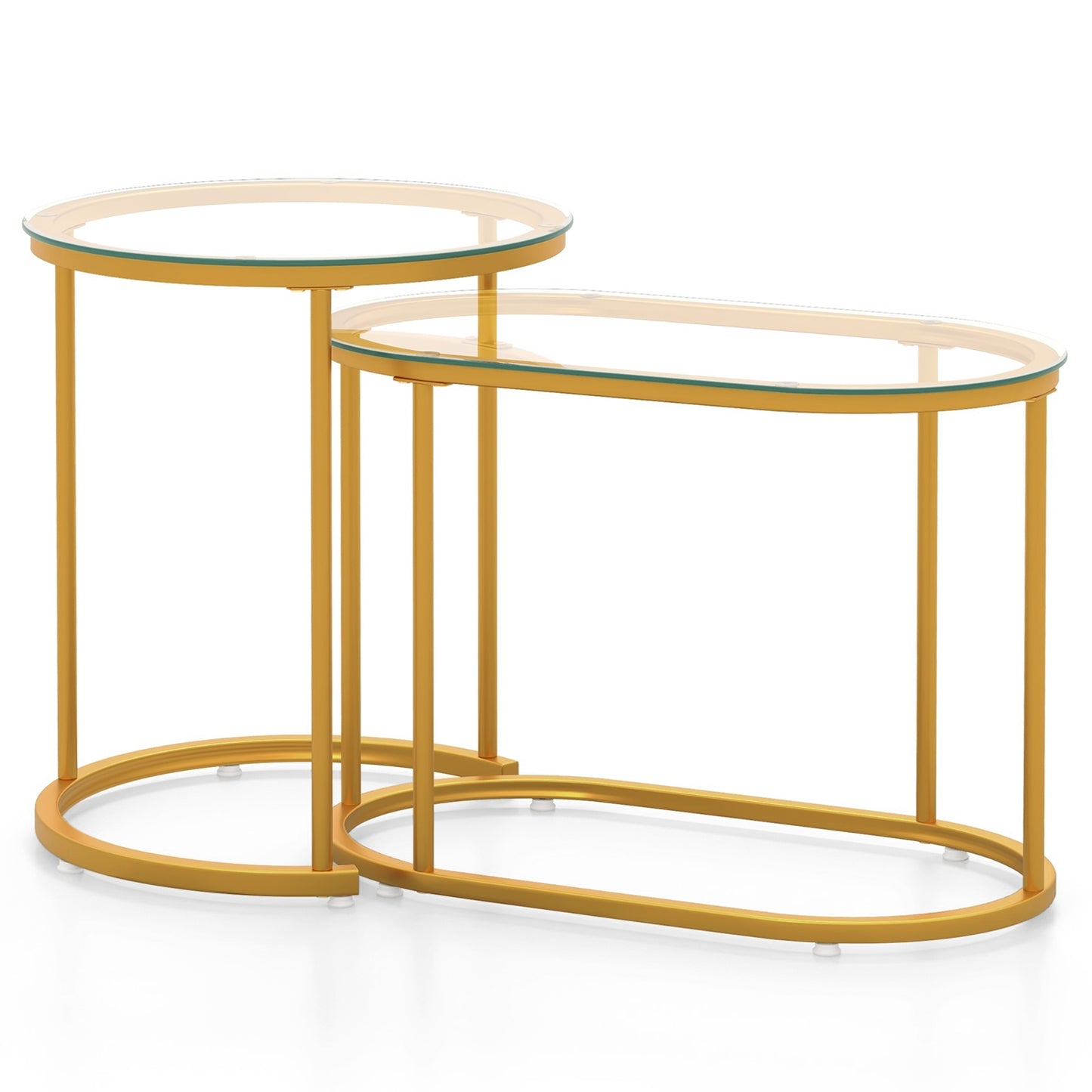 Stylish Nesting Coffee Table Set of 2 with Clear Tempered Glass Tops and Gold Metal Frames