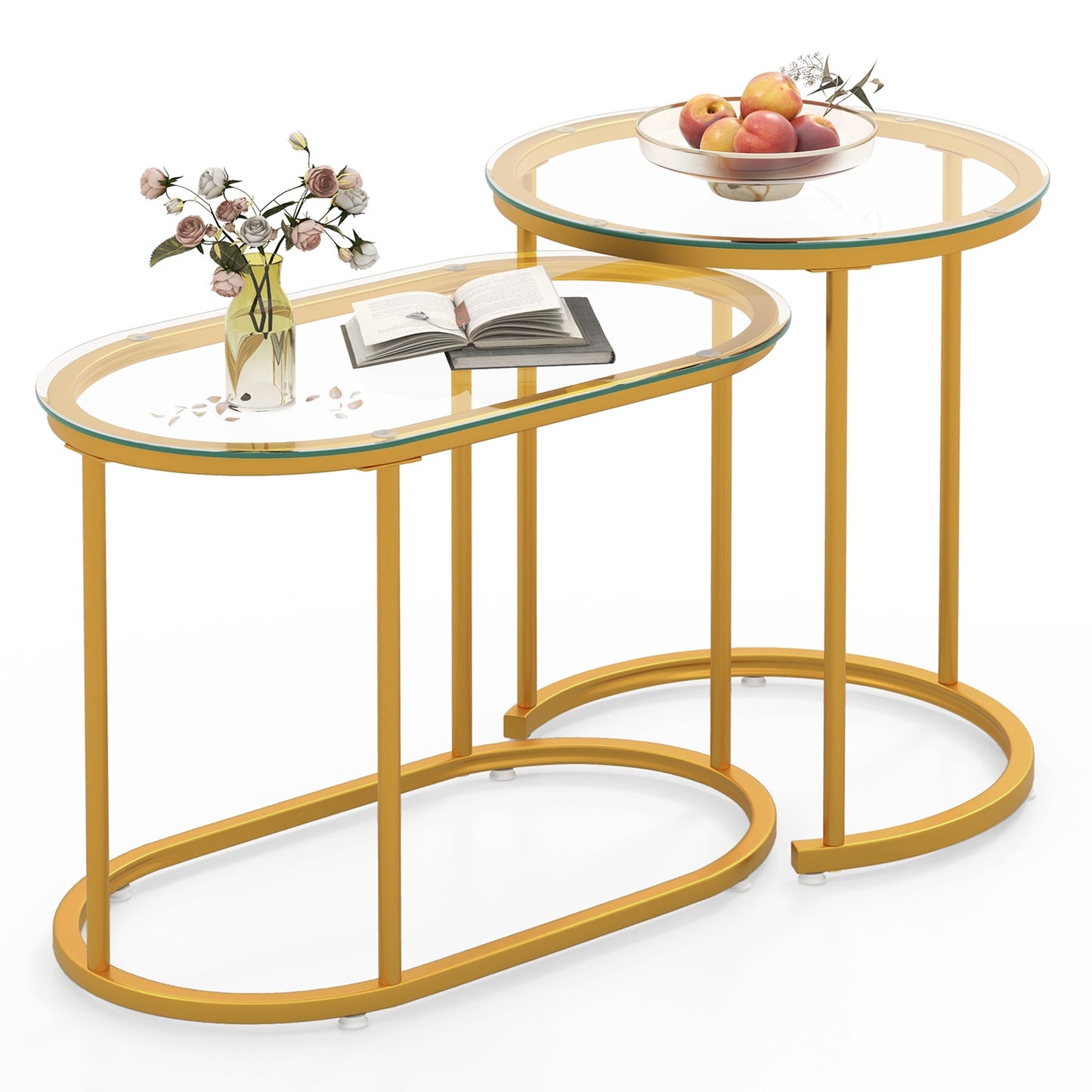 Stylish Nesting Coffee Table Set of 2 with Clear Tempered Glass Tops and Gold Metal Frames