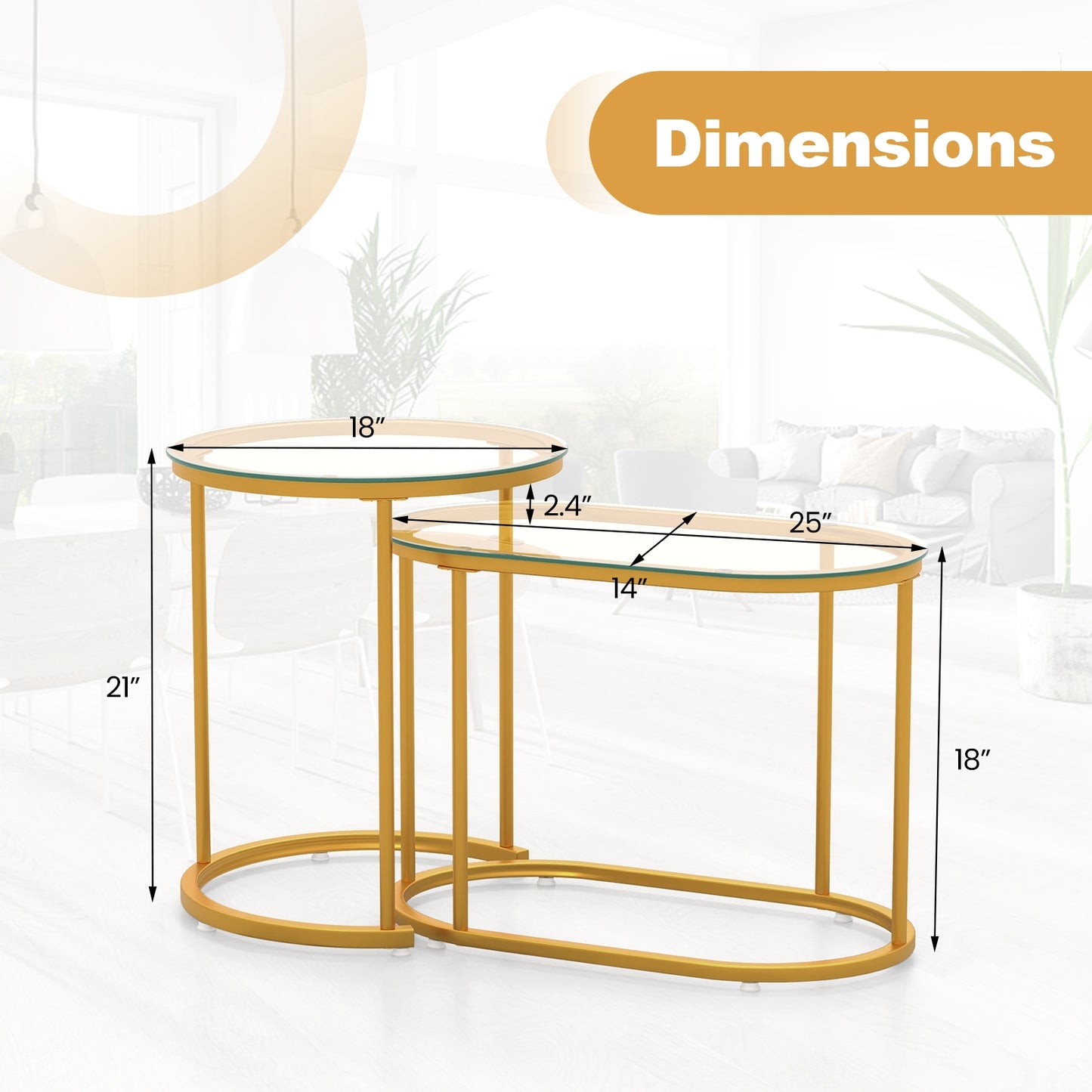 Stylish Nesting Coffee Table Set of 2 with Clear Tempered Glass Tops and Gold Metal Frames