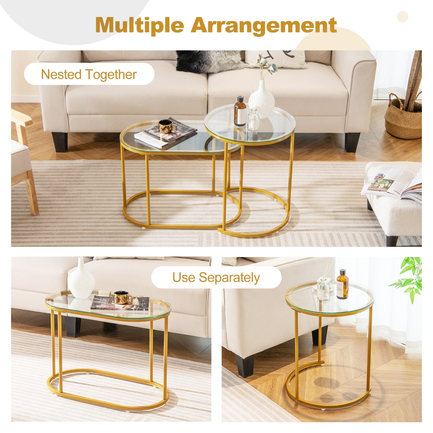 Stylish Nesting Coffee Table Set of 2 with Clear Tempered Glass Tops and Gold Metal Frames