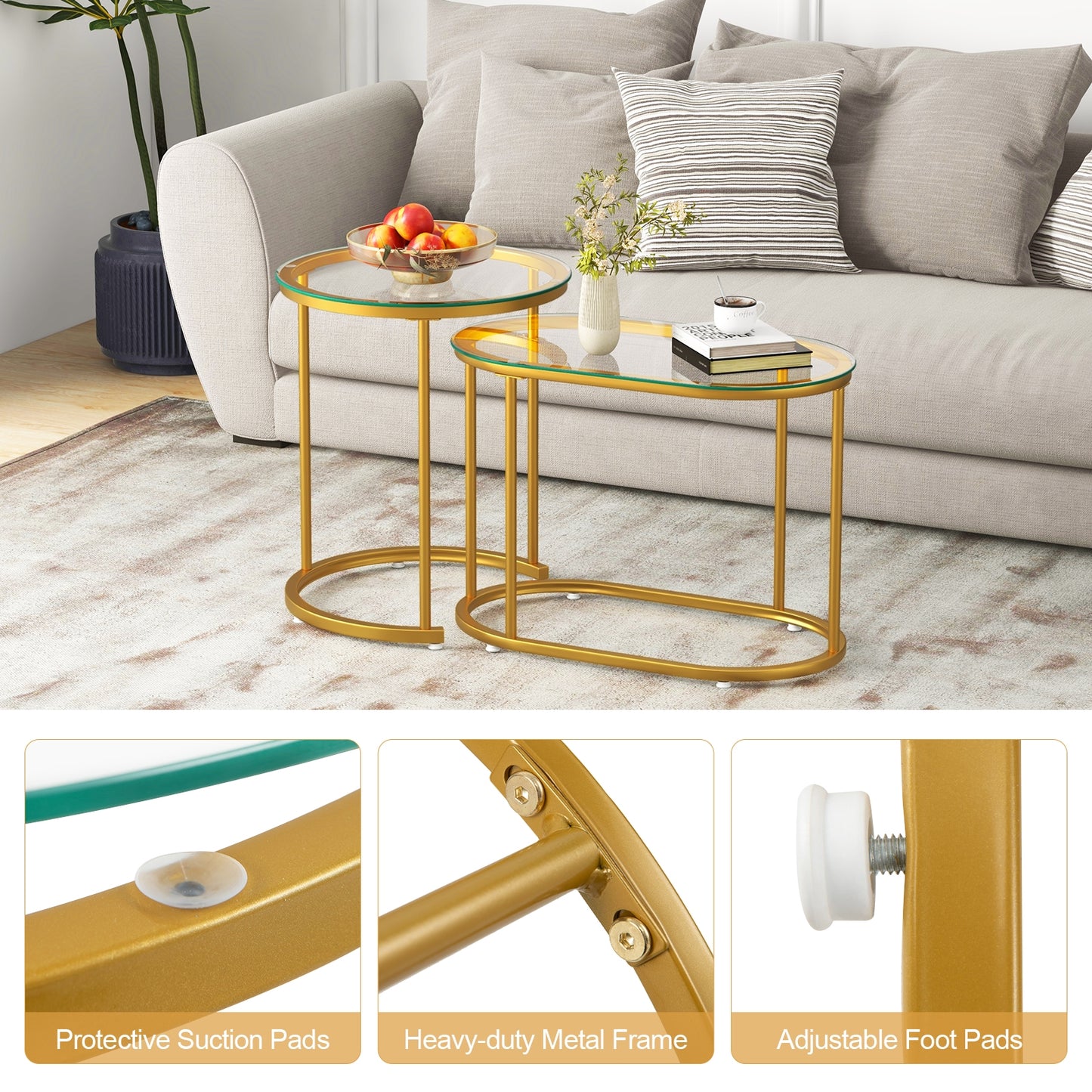 Stylish Nesting Coffee Table Set of 2 with Clear Tempered Glass Tops and Gold Metal Frames