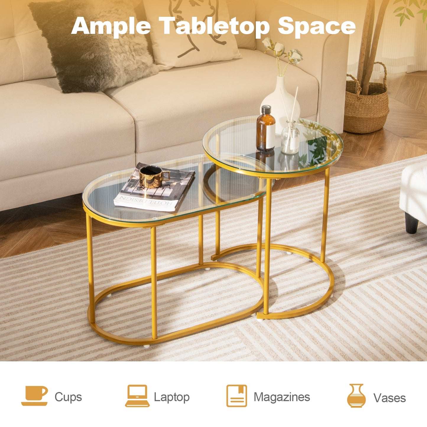 Stylish Nesting Coffee Table Set of 2 with Clear Tempered Glass Tops and Gold Metal Frames