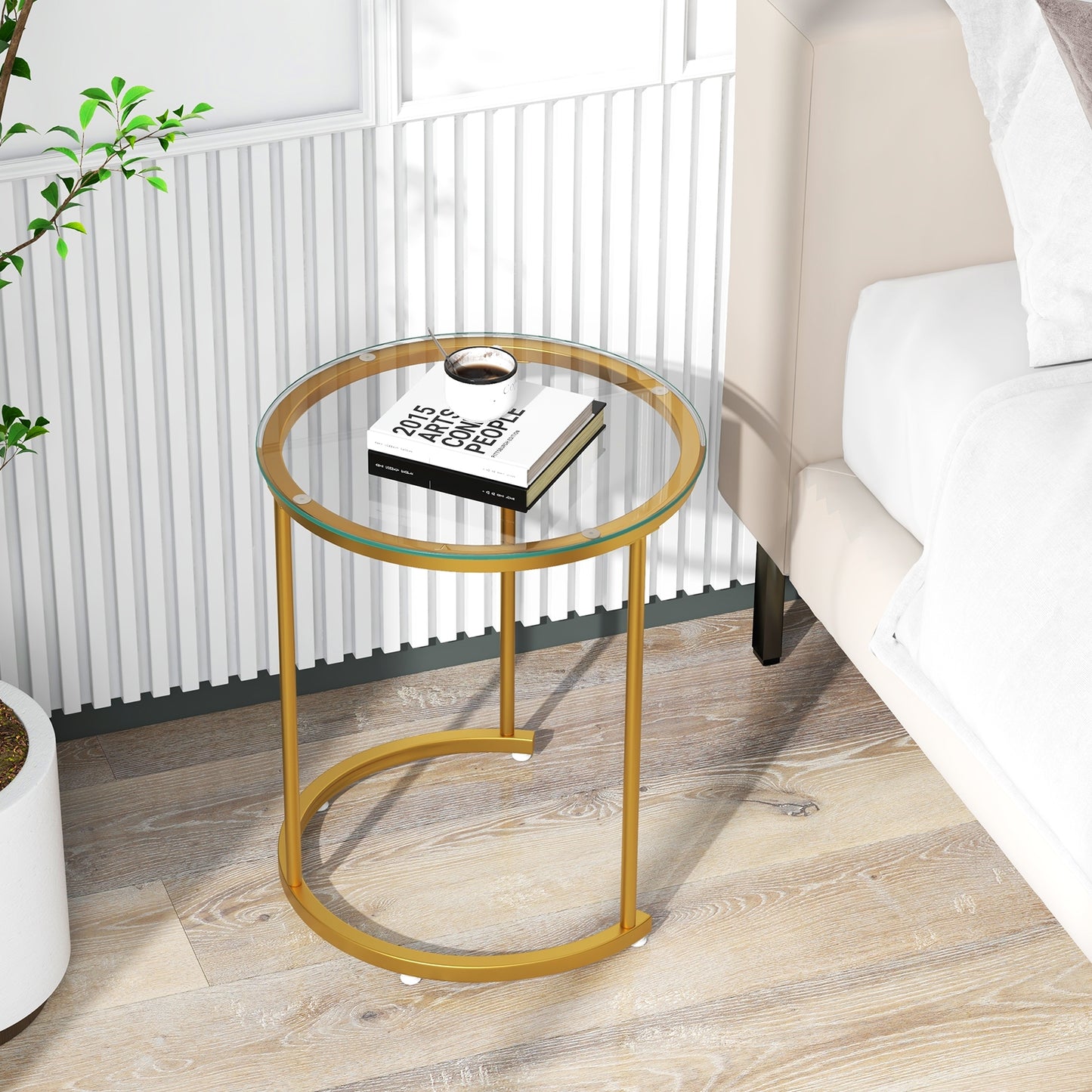Stylish Nesting Coffee Table Set of 2 with Clear Tempered Glass Tops and Gold Metal Frames
