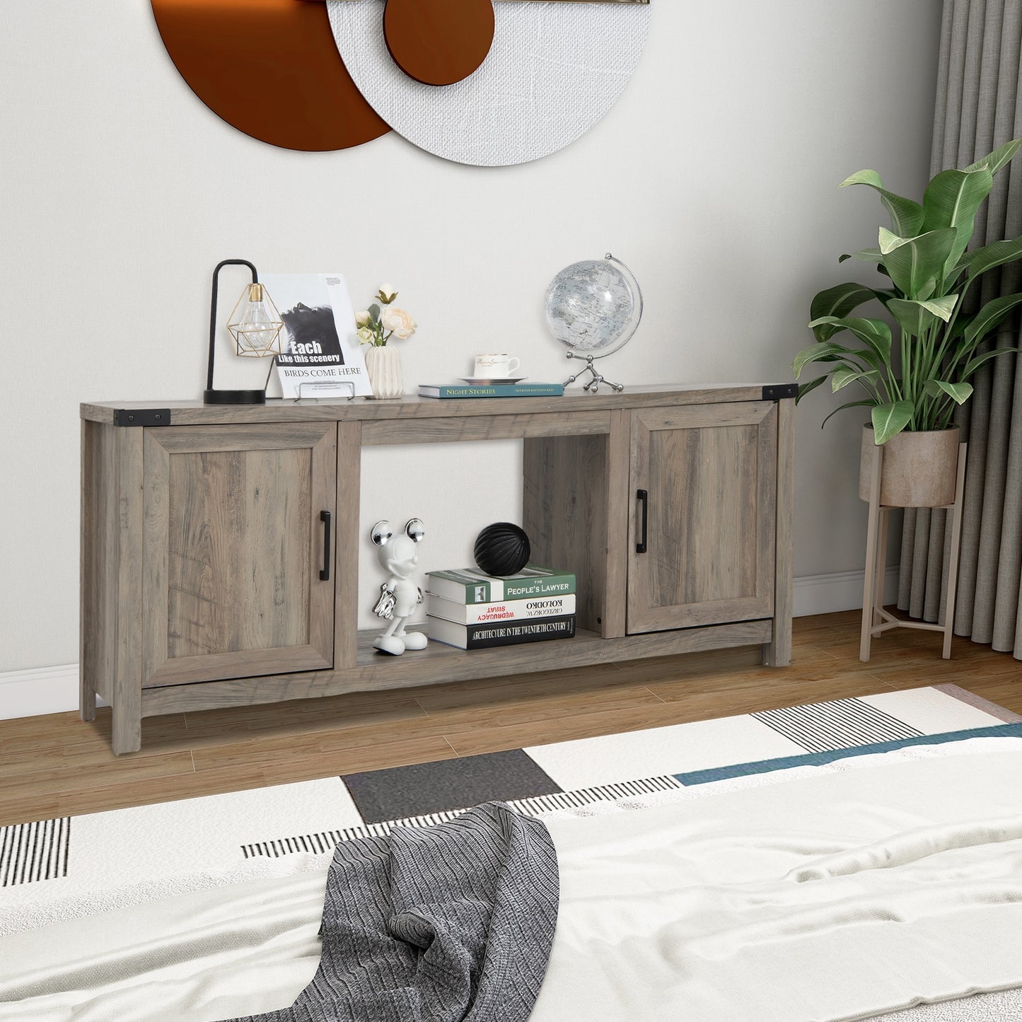 Farmhouse TV Stand with Storage Cabinets and Fireplace Space for TVs up to 70 Inches