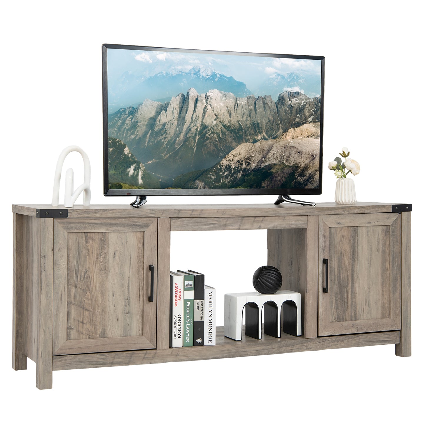 Farmhouse TV Stand with Storage Cabinets and Fireplace Space for TVs up to 70 Inches